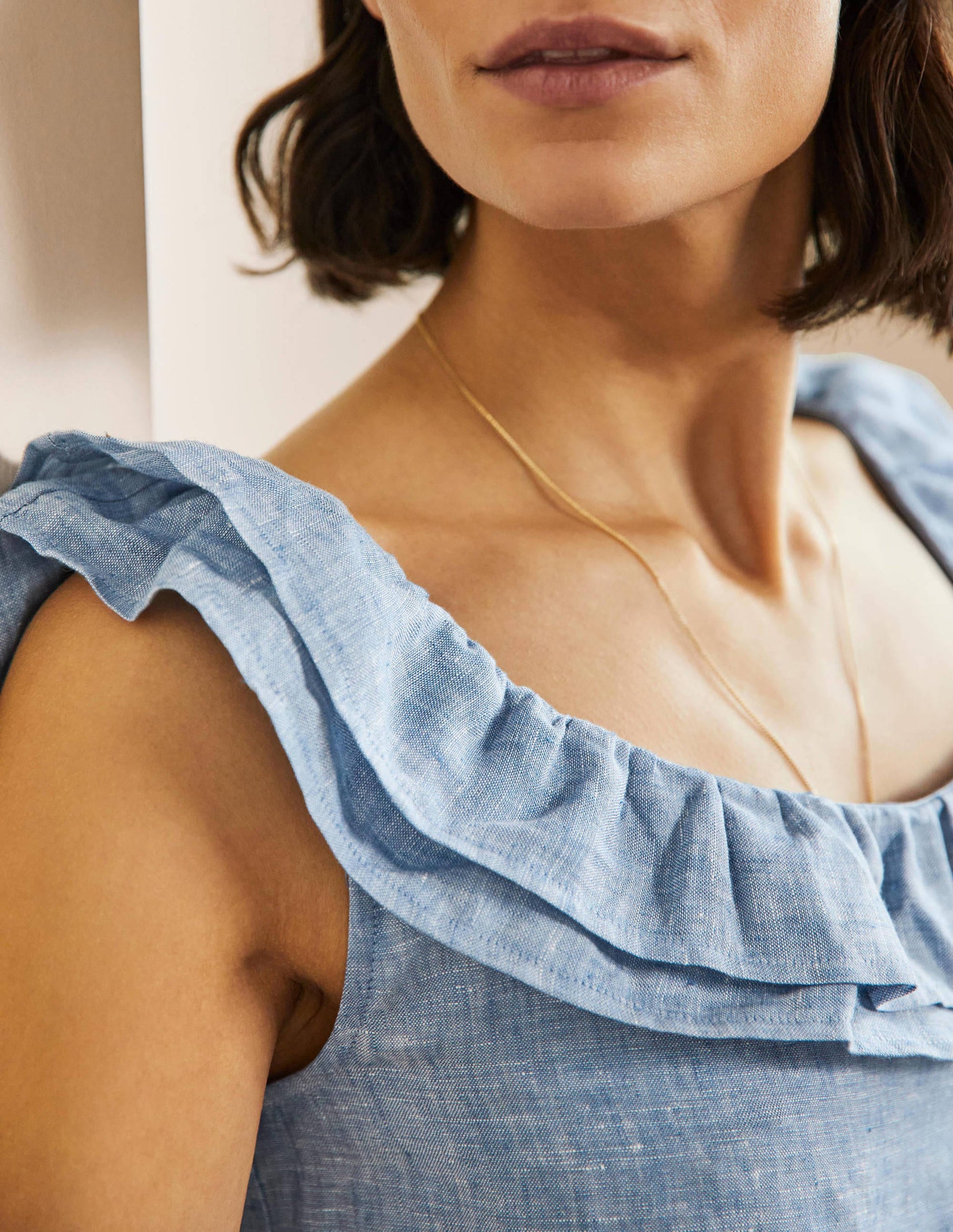 Sleeveless Ruffle Linen Top-Chambray-2