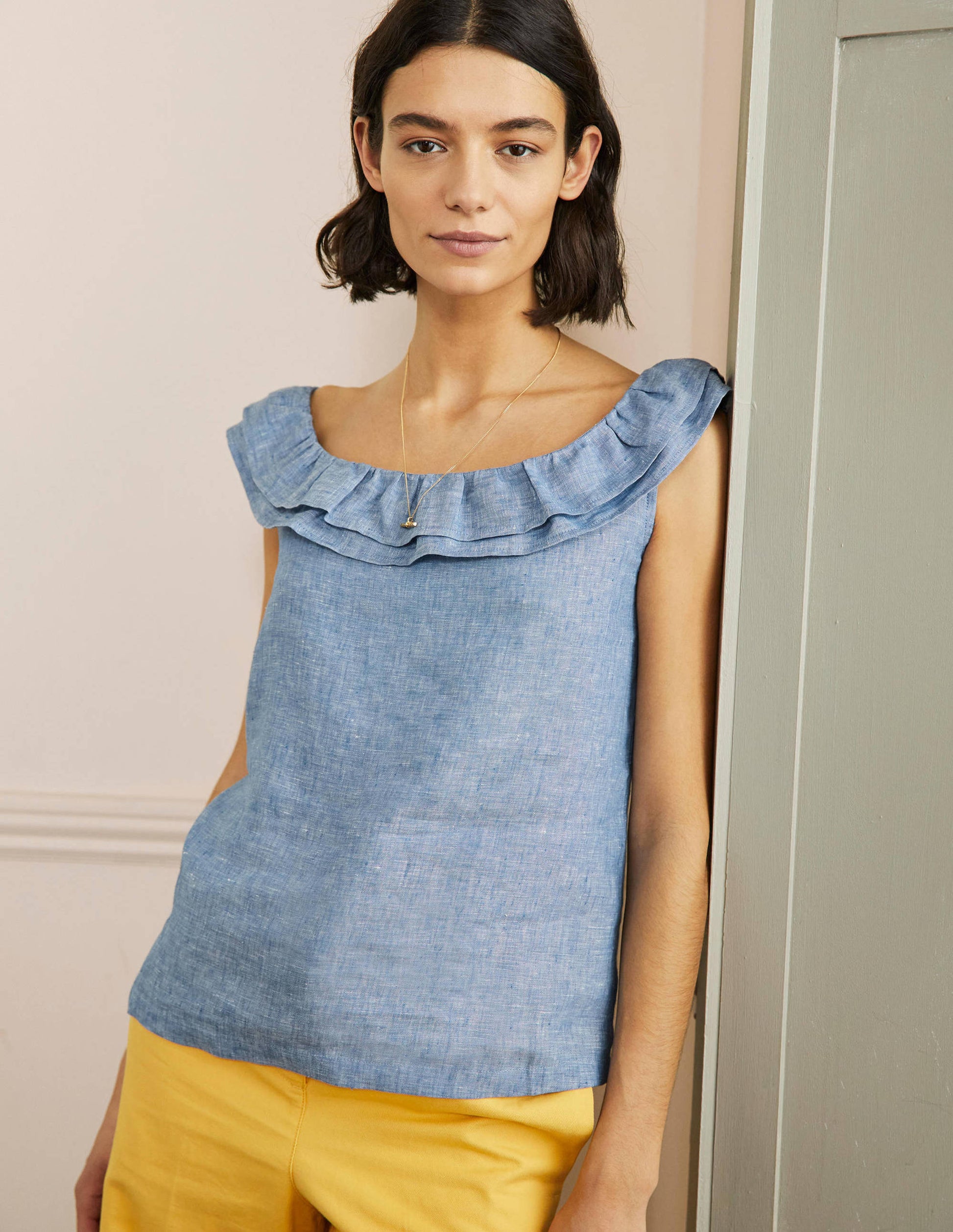 Sleeveless Ruffle Linen Top-Chambray-4