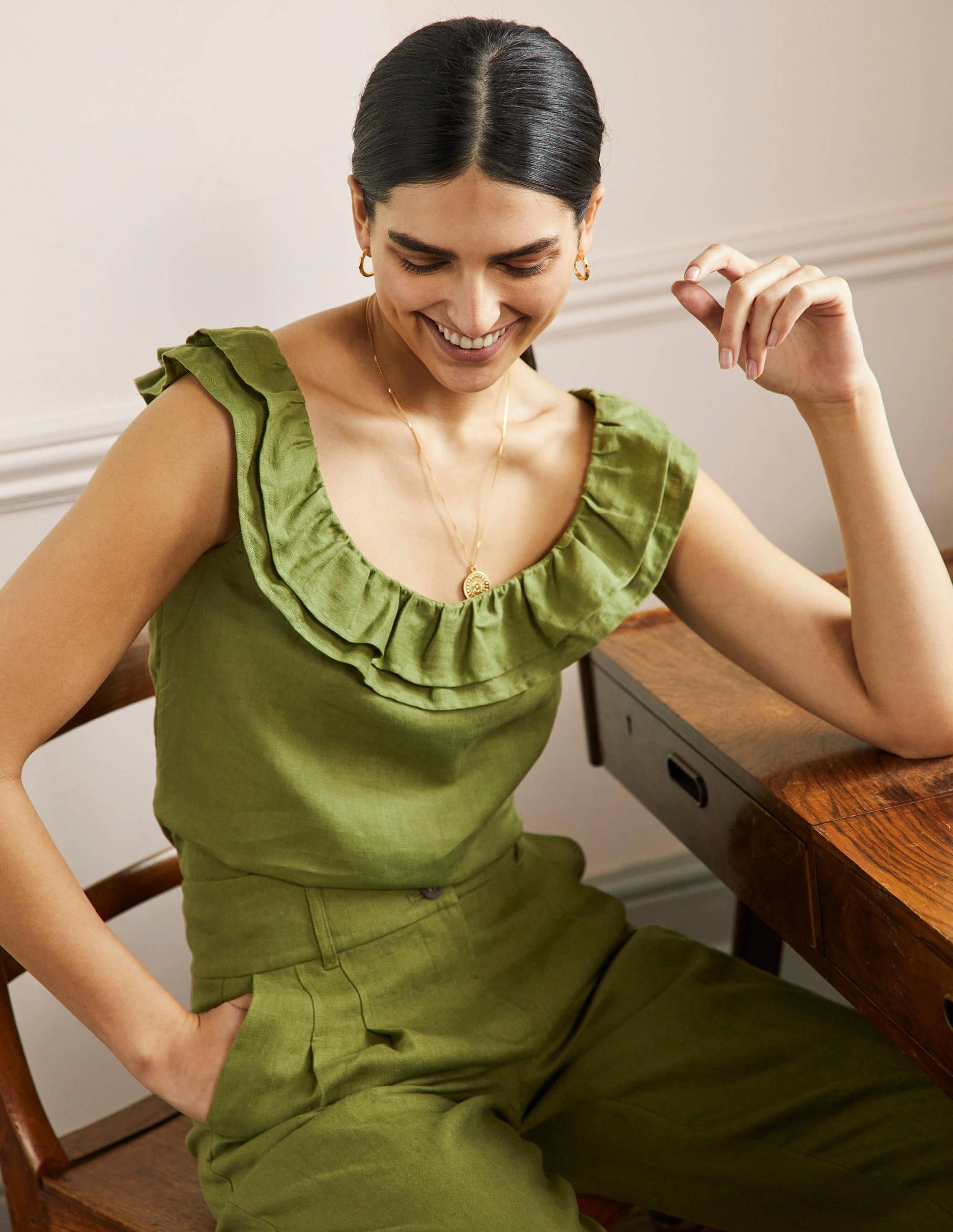 Sleeveless Ruffle Linen Top-Pea Green - Image 1