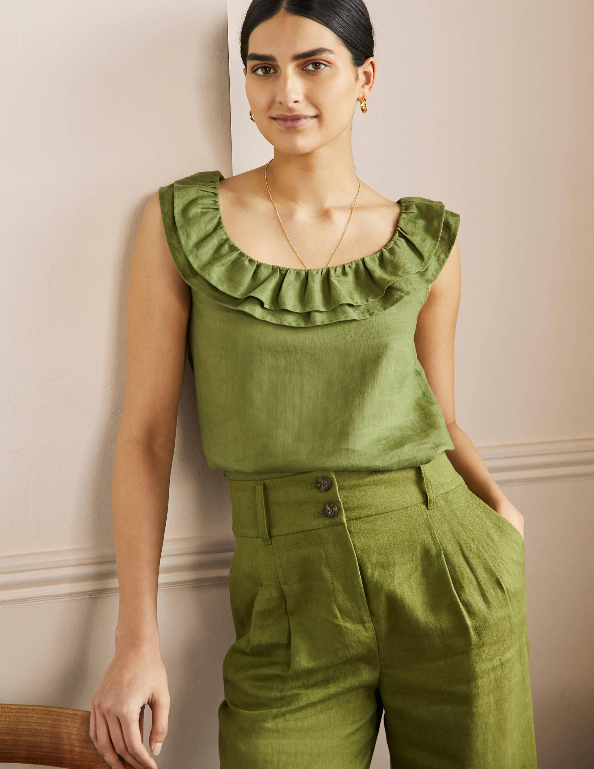 Sleeveless Ruffle Linen Top-Pea Green - Image 4