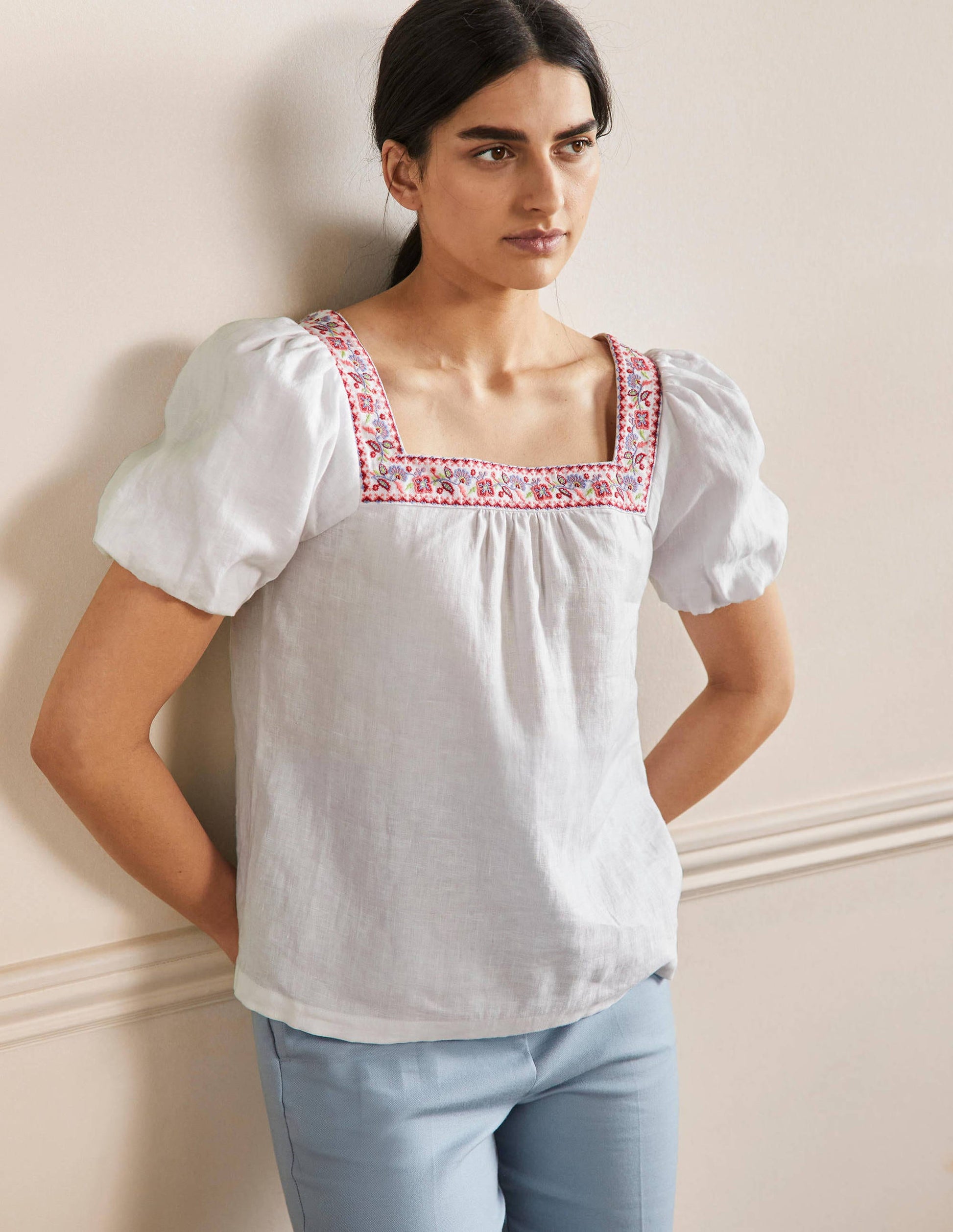 Square Neck Linen Top-White-1