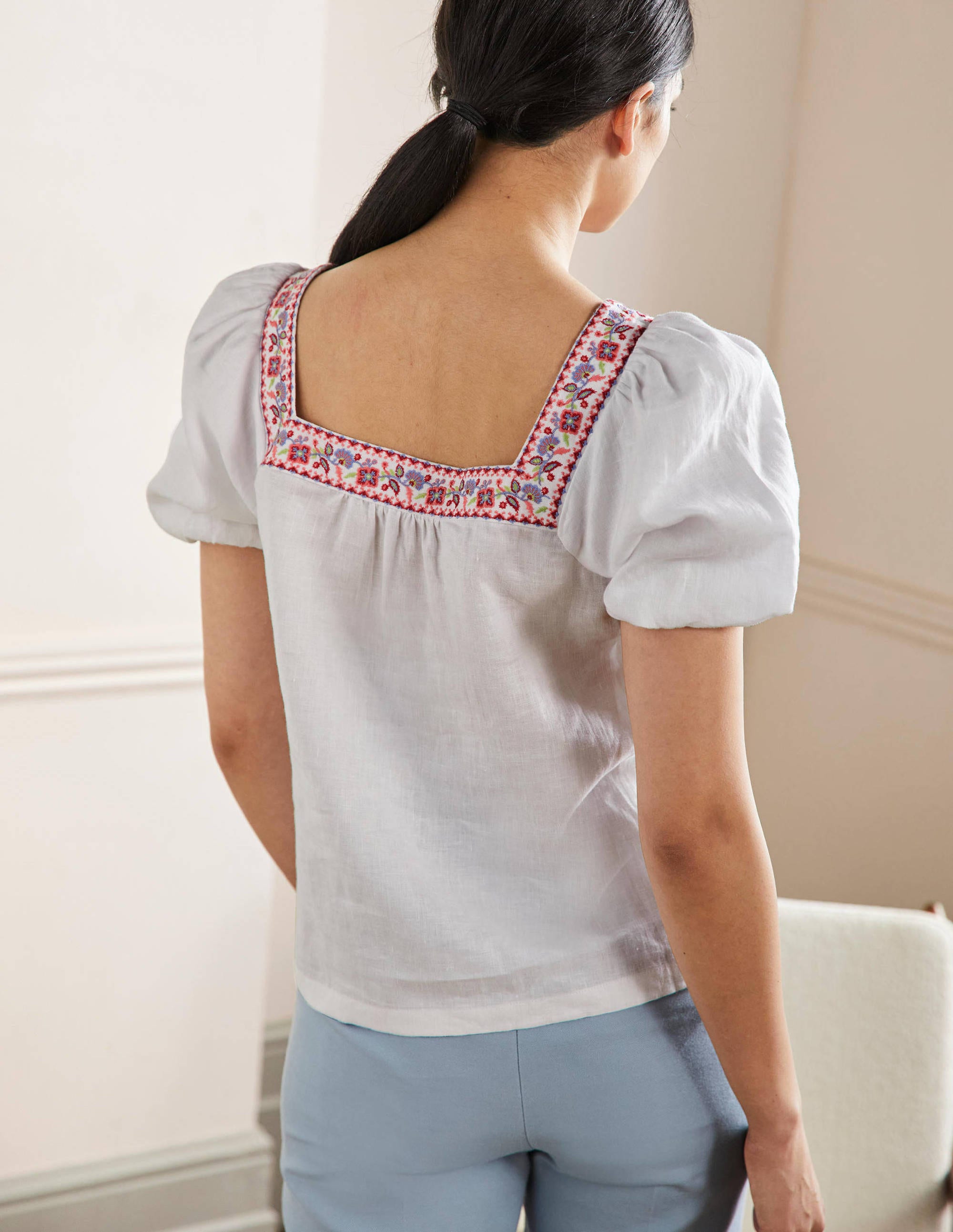 Square Neck Linen Top-White - Image 3