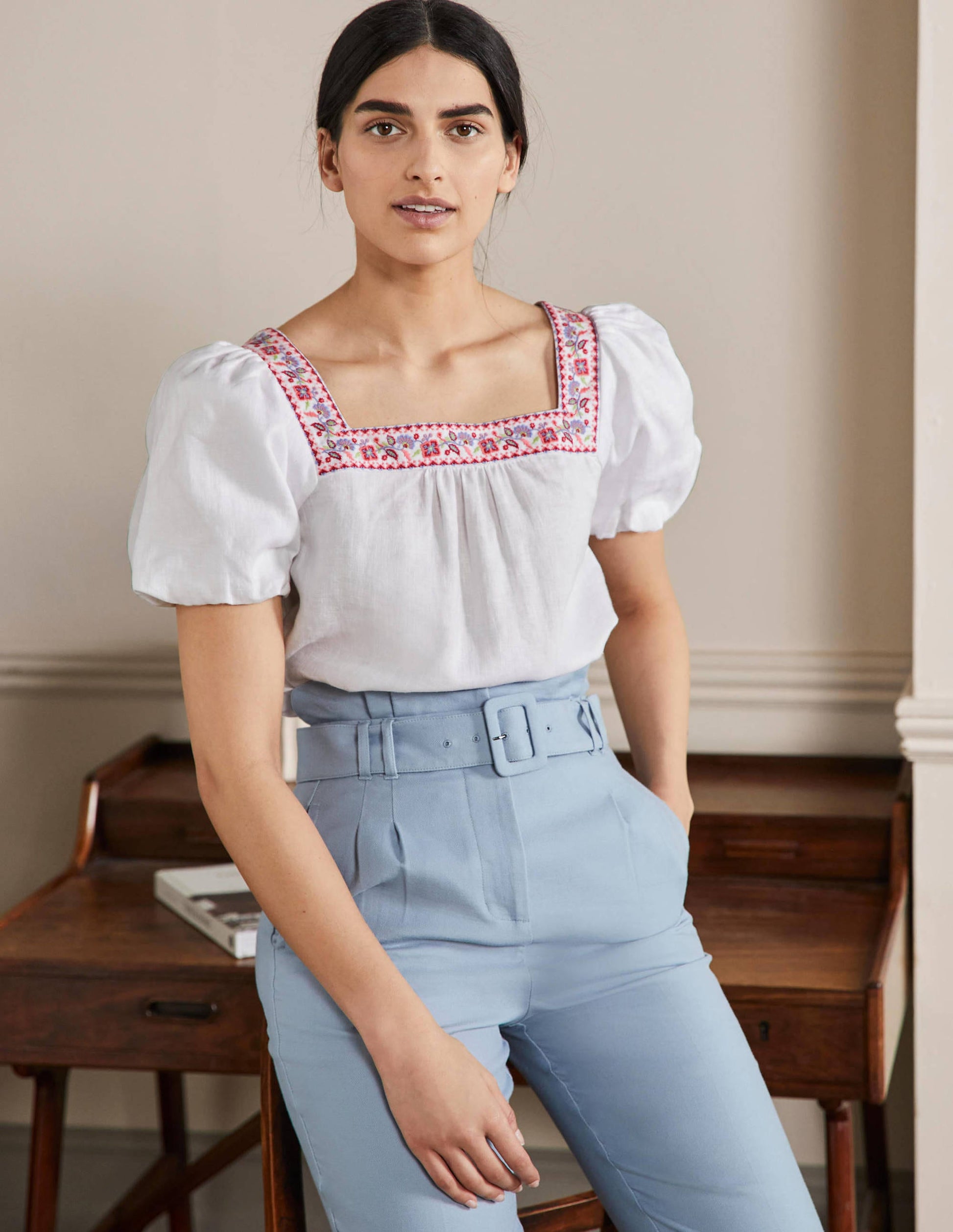 Square Neck Linen Top-White-4
