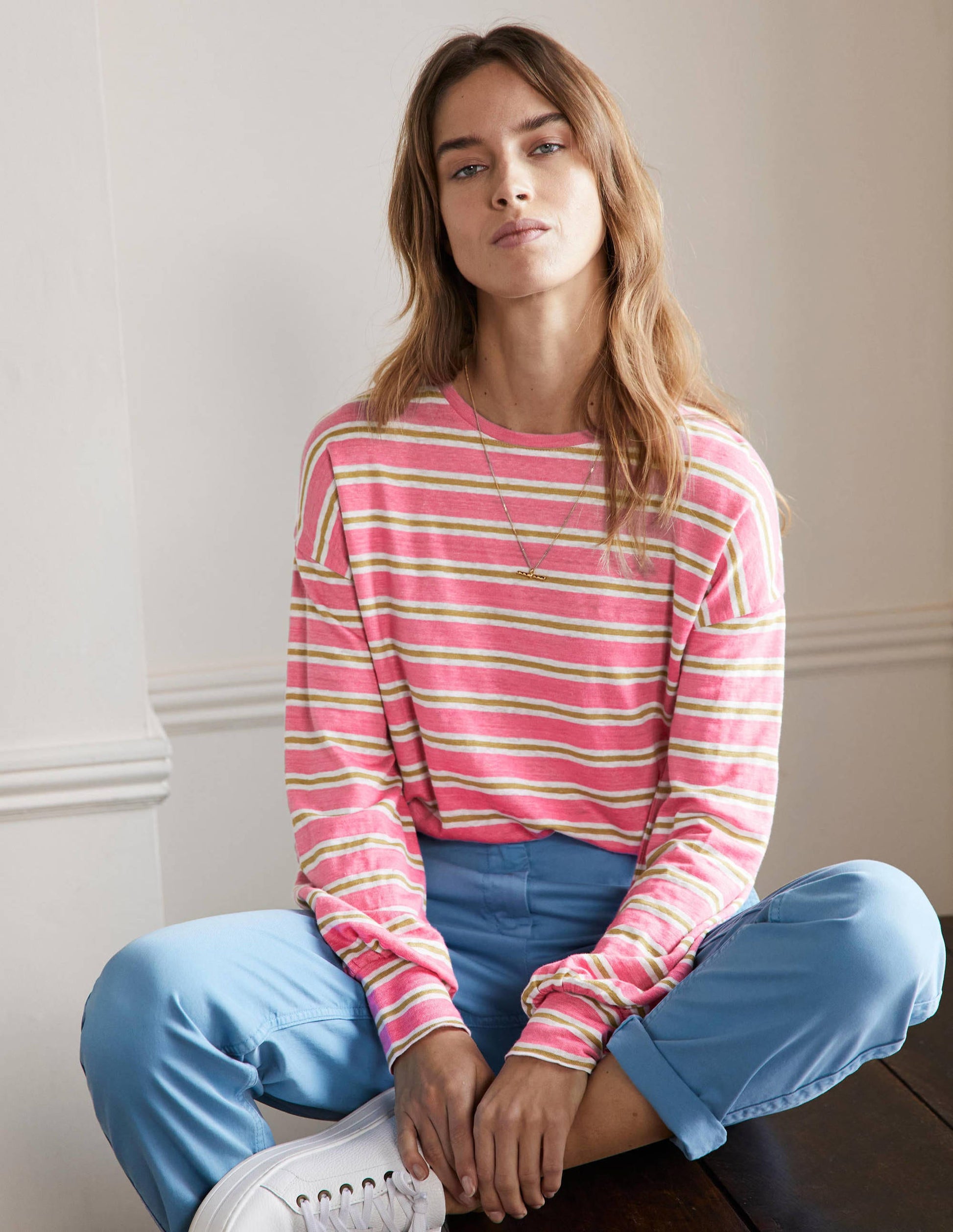Blouson Linen Top-Posy Pink / Brioche Stripe-1