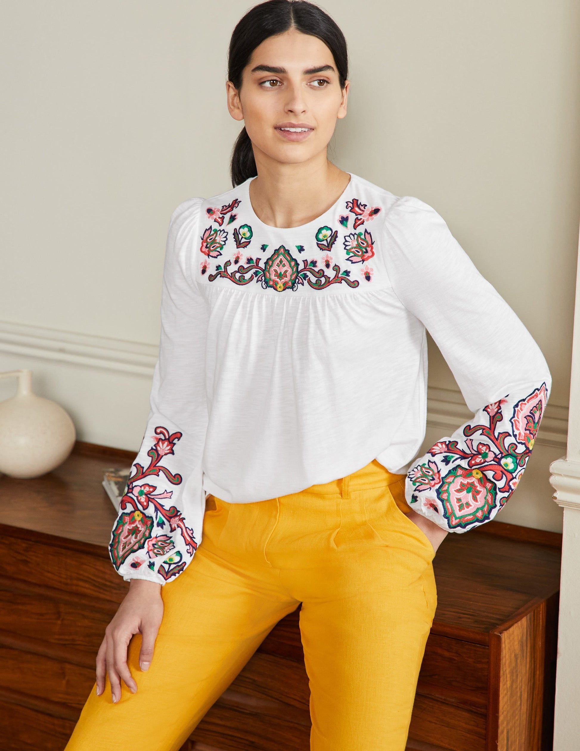 Embroidered Blouson Jersey Top-White-1