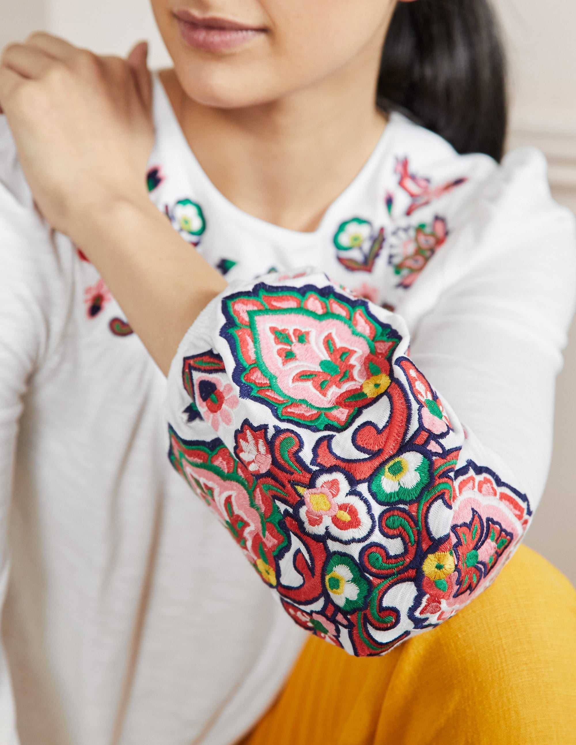 Embroidered Blouson Jersey Top-White - Image 2
