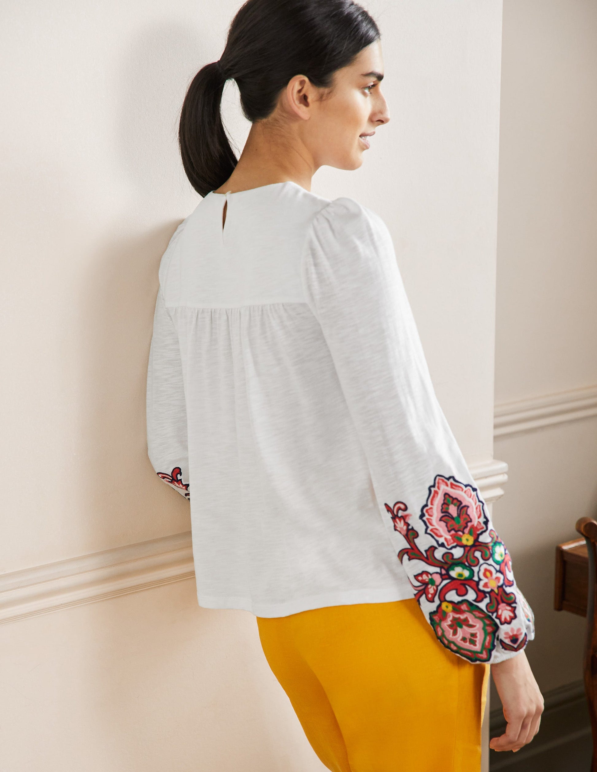 Embroidered Blouson Jersey Top-White-3