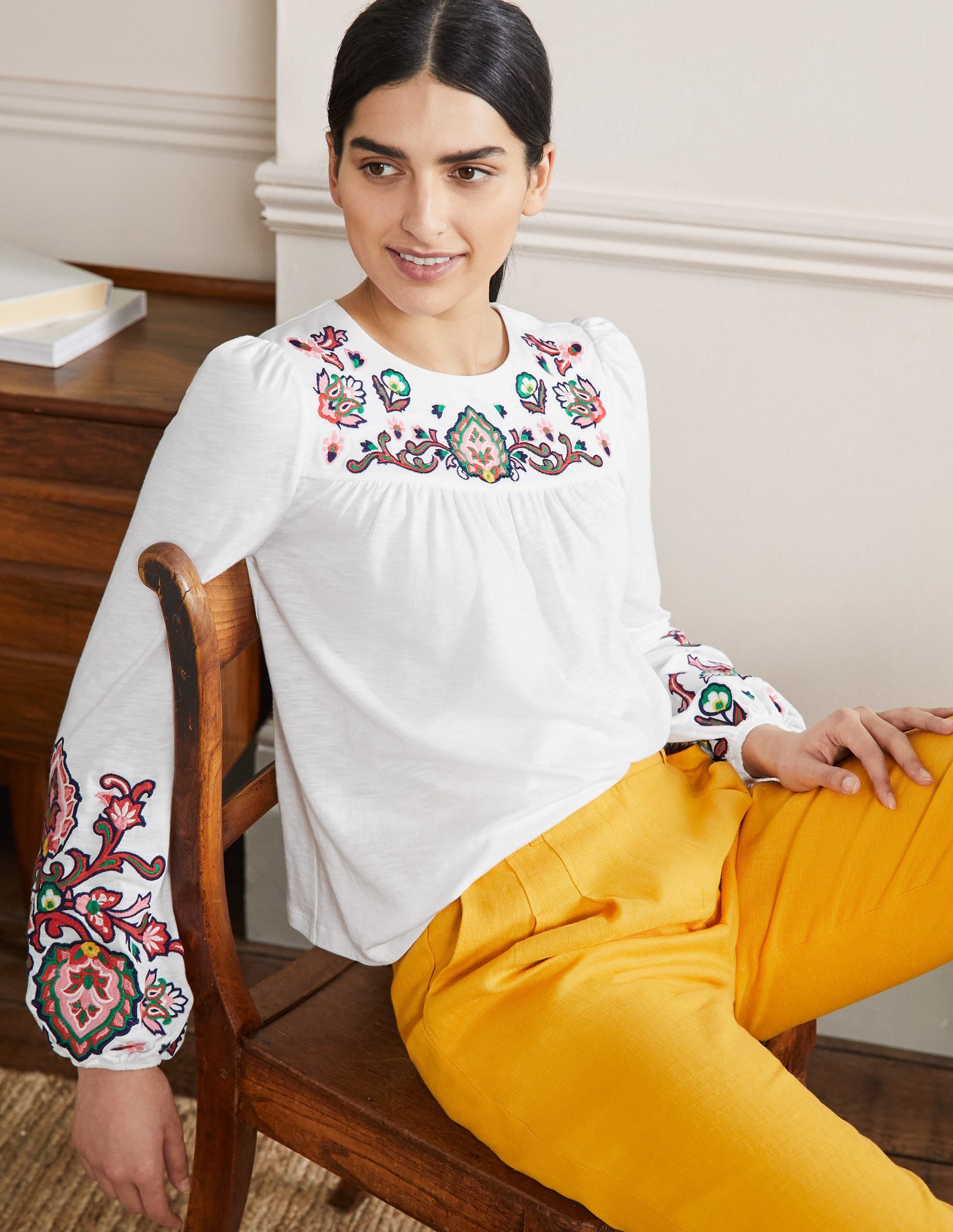 Embroidered Blouson Jersey Top-White-4