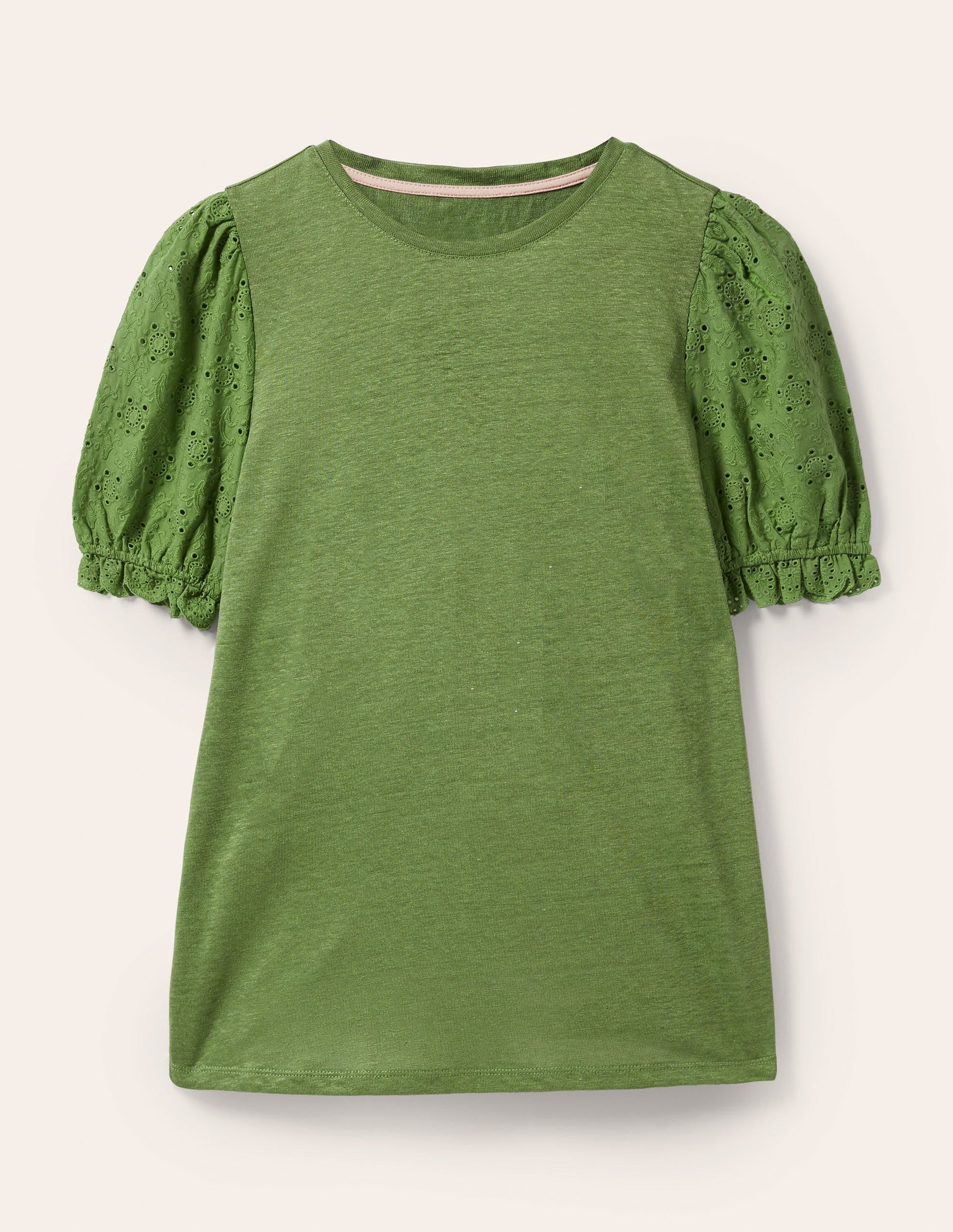 Broderie Sleeve Linen T-Shirt-English Ivy-5