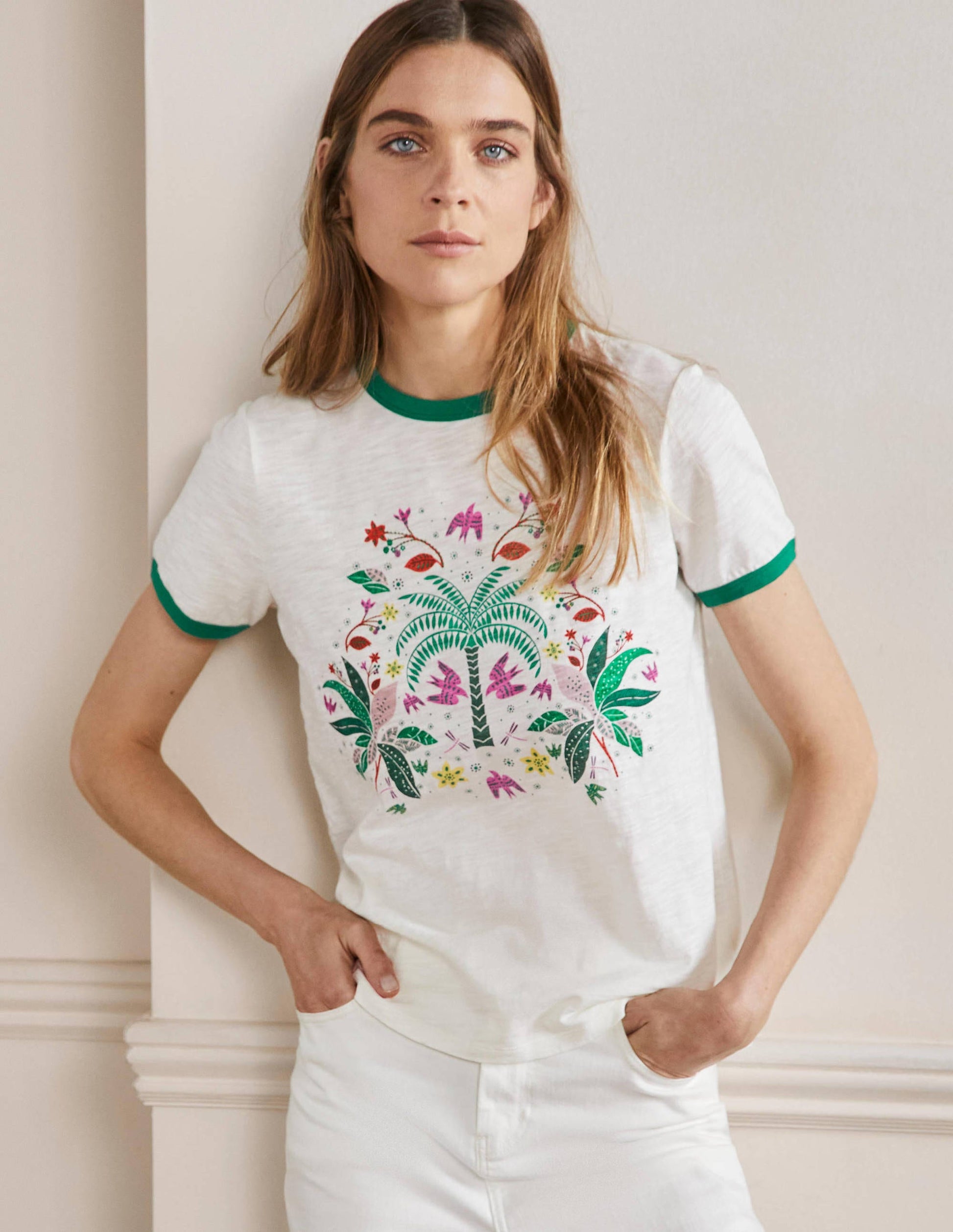 Contrast Rib Cotton T-Shirt-Ivory, Oriental Cascade-1