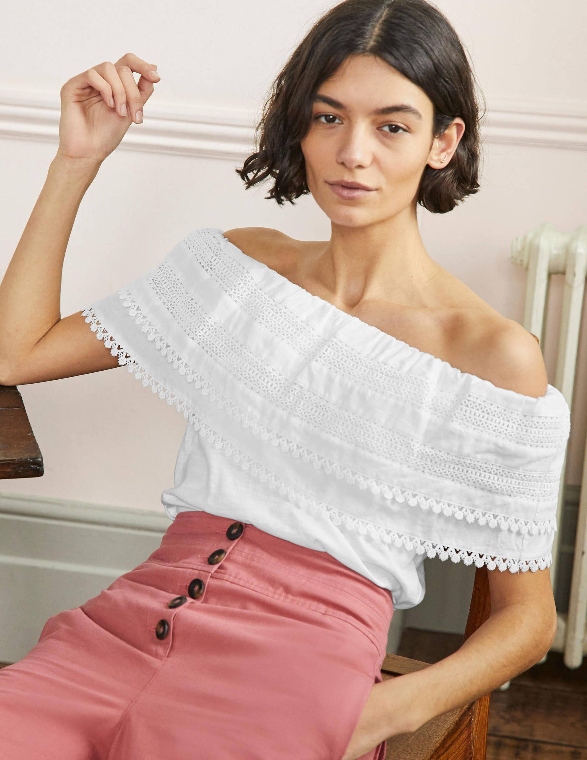 Bardot Woven Mix Detail Top-White-4