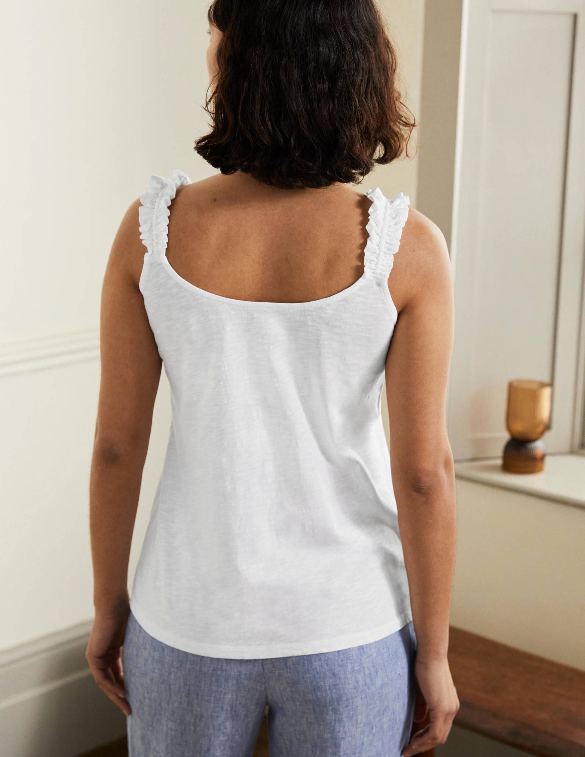 Frill Strap Jersey Top-White-3