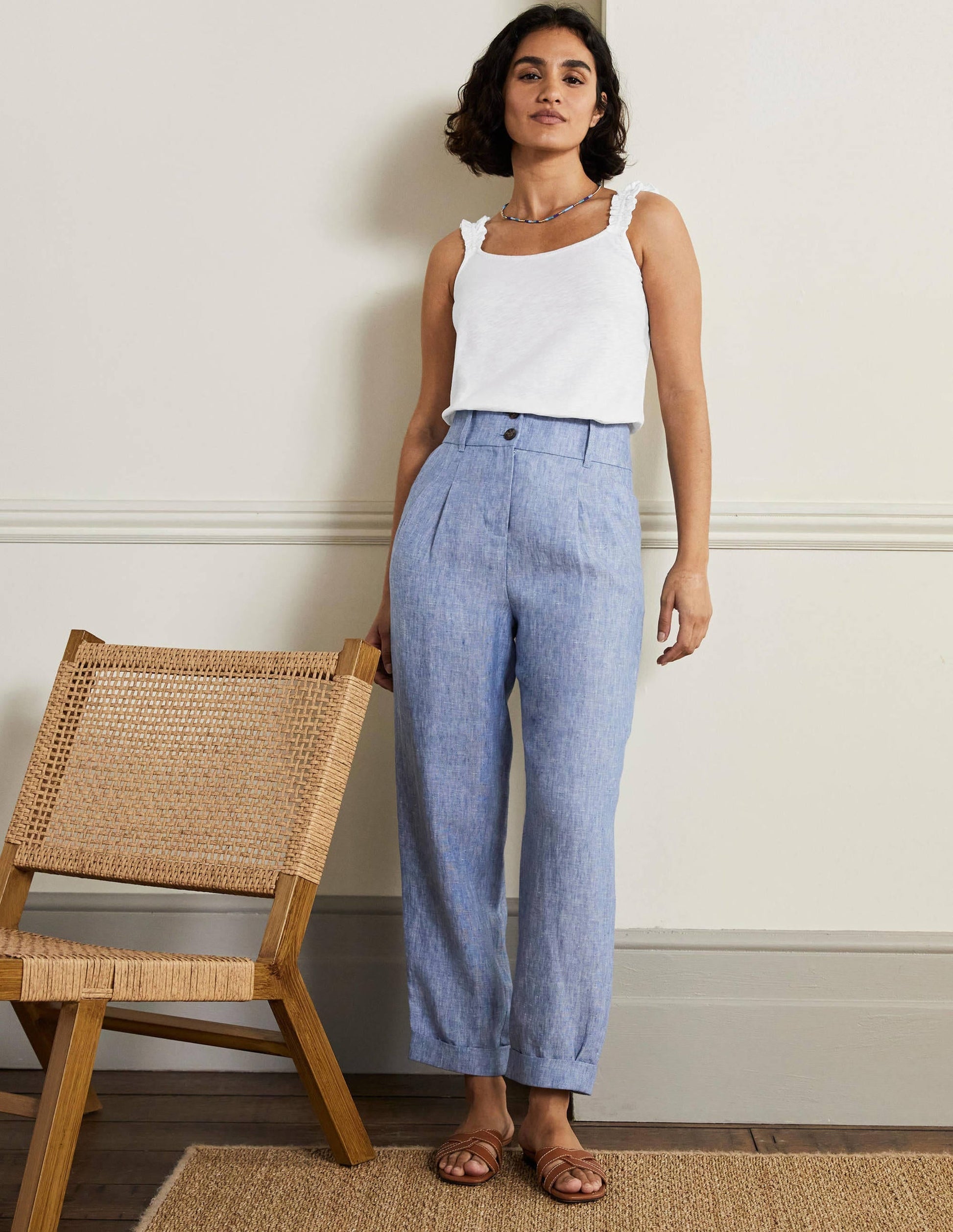 Frill Strap Jersey Top-White-4