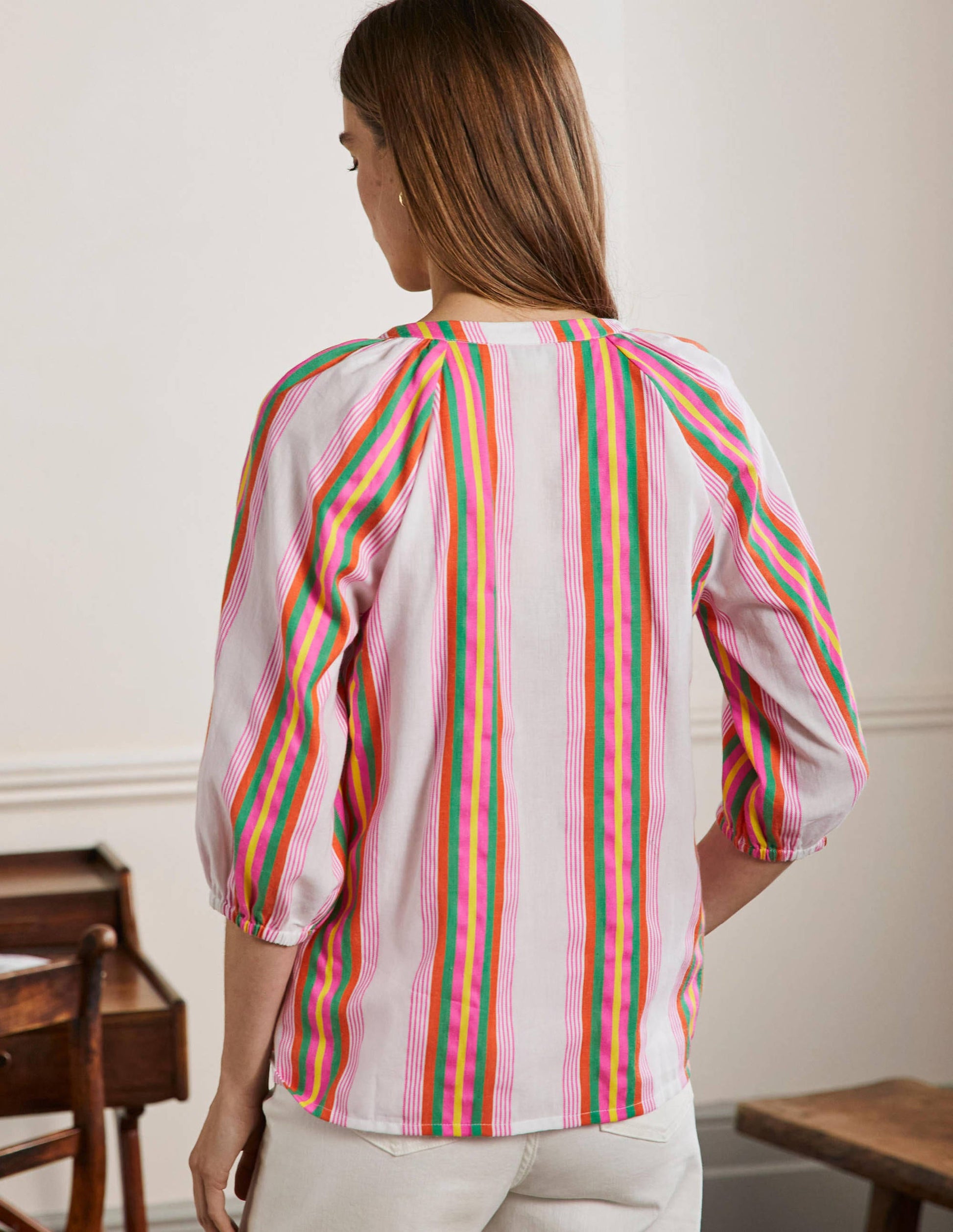Louise Mid Sleeve Popover-Tropical Woven Rainbow Stripe-3