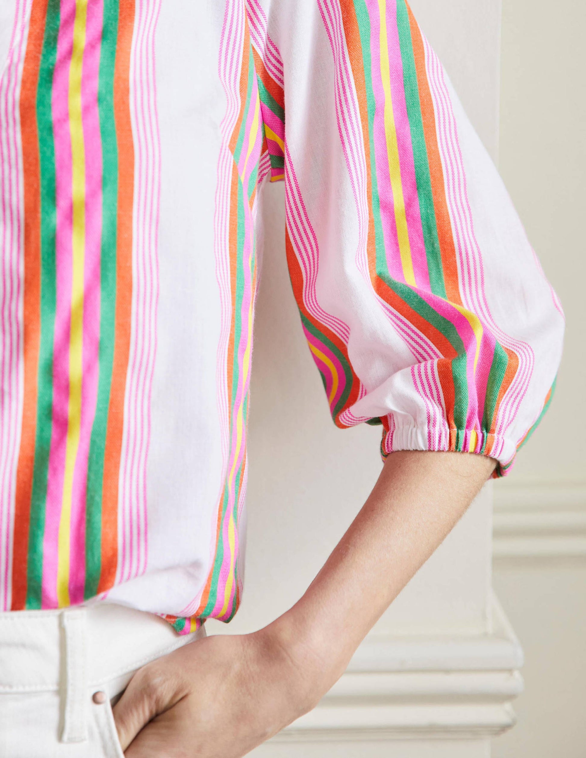 Louise Mid Sleeve Popover-Tropical Woven Rainbow Stripe-5
