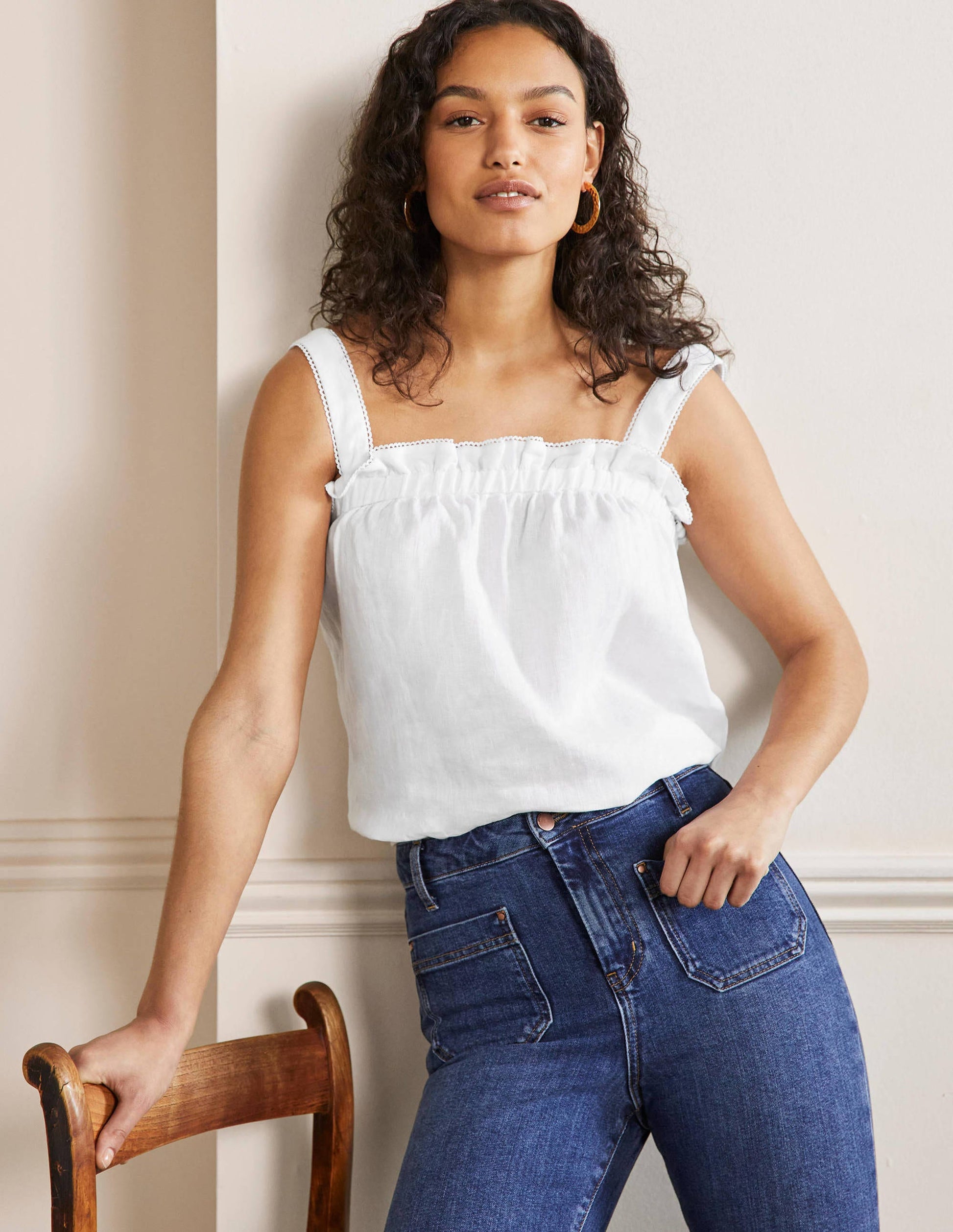 Ruffle Detail Linen Top-White-1