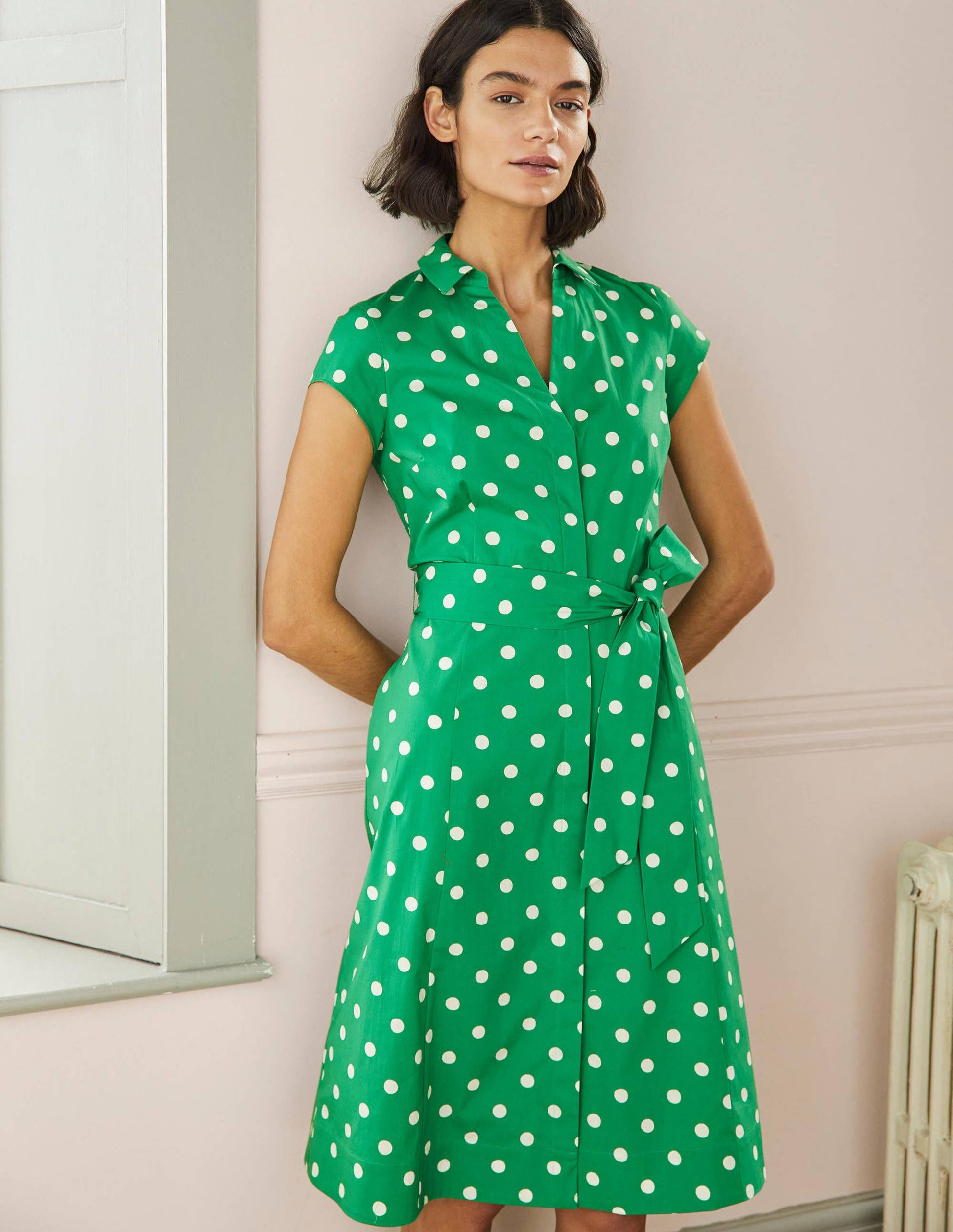 Short Sleeve Shirt Dress-Green, Regular Dot-1