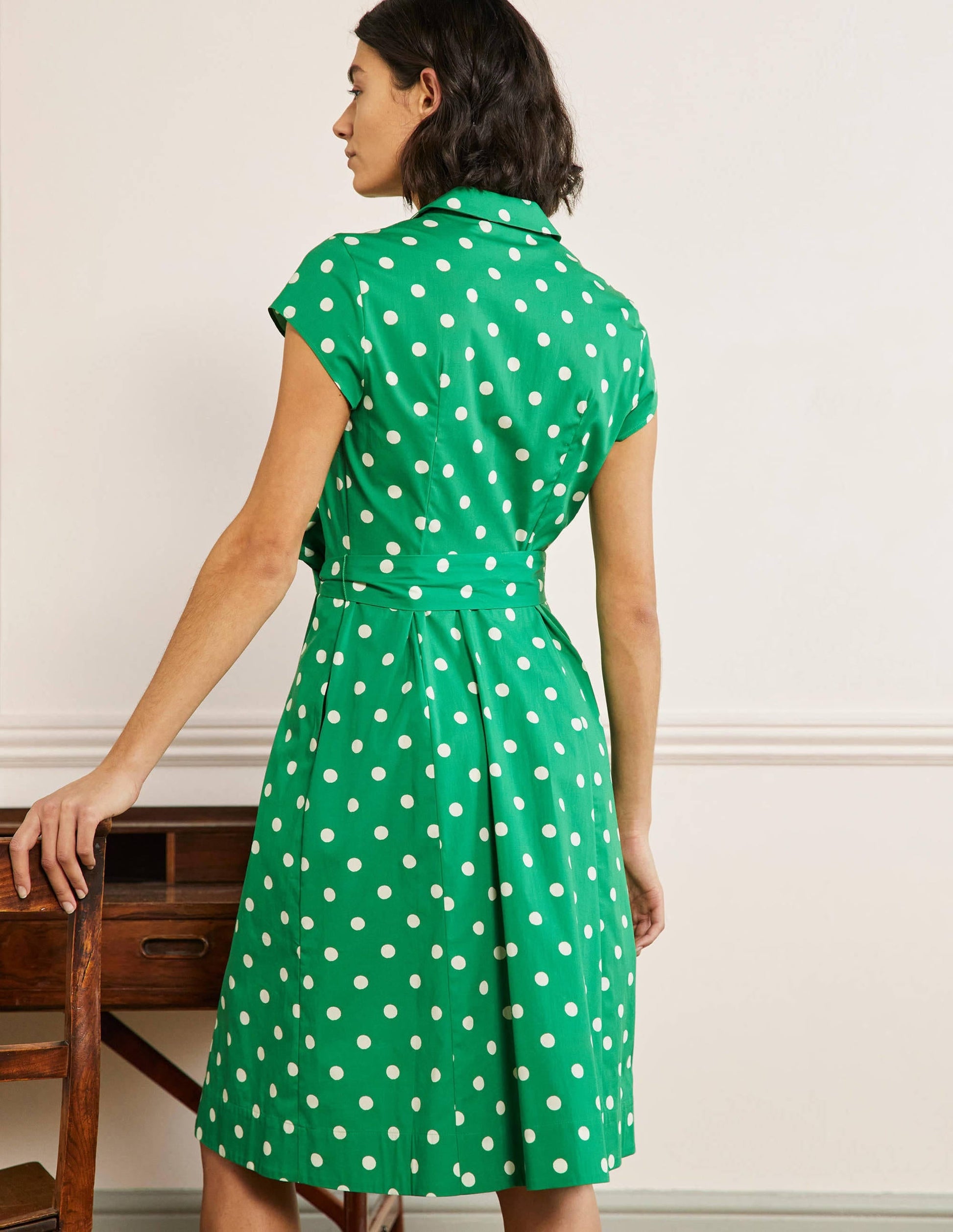 Short Sleeve Shirt Dress-Green, Regular Dot-3