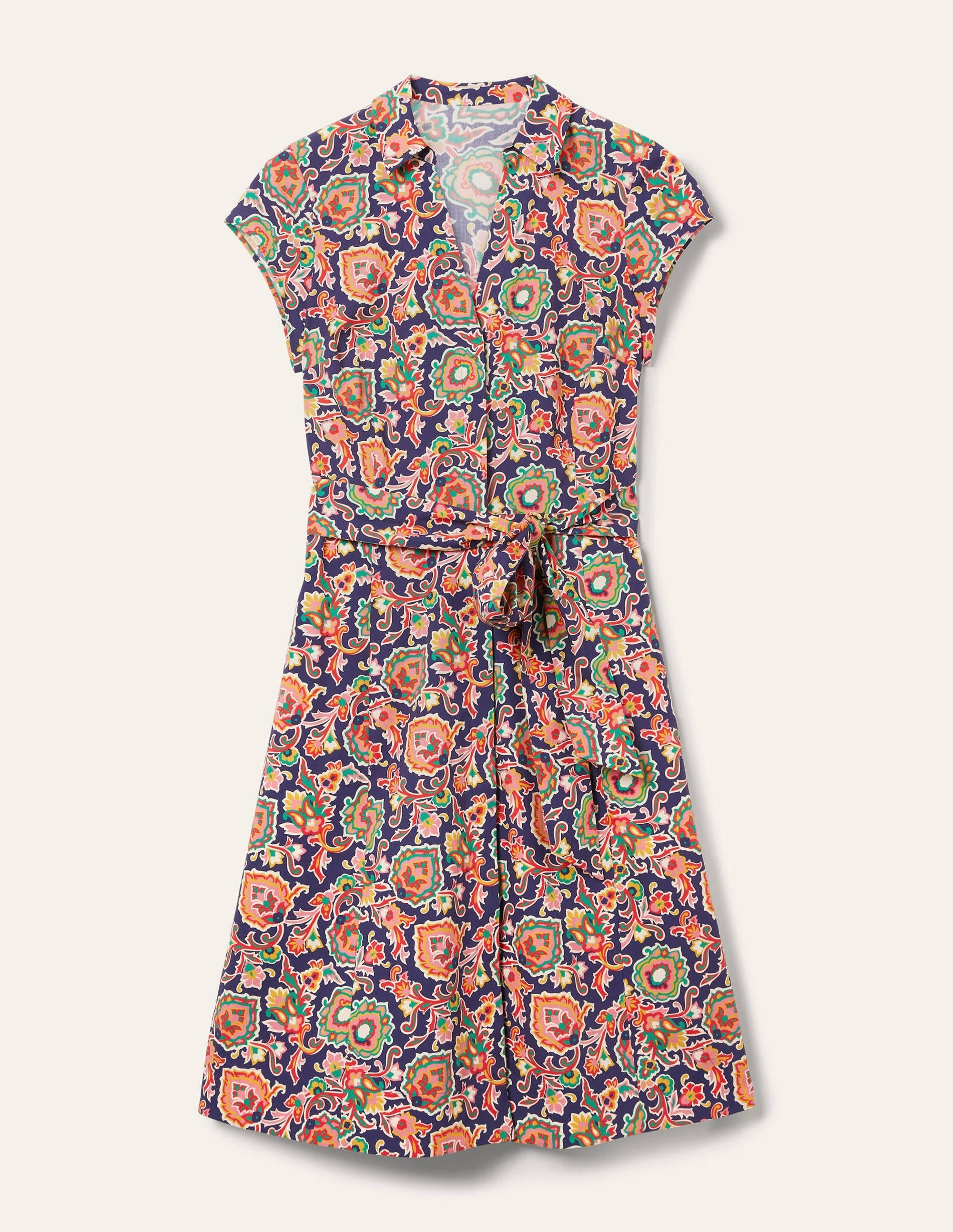 Short Sleeve Shirt Dress-Midnight, Decorative Blooms - Image 5