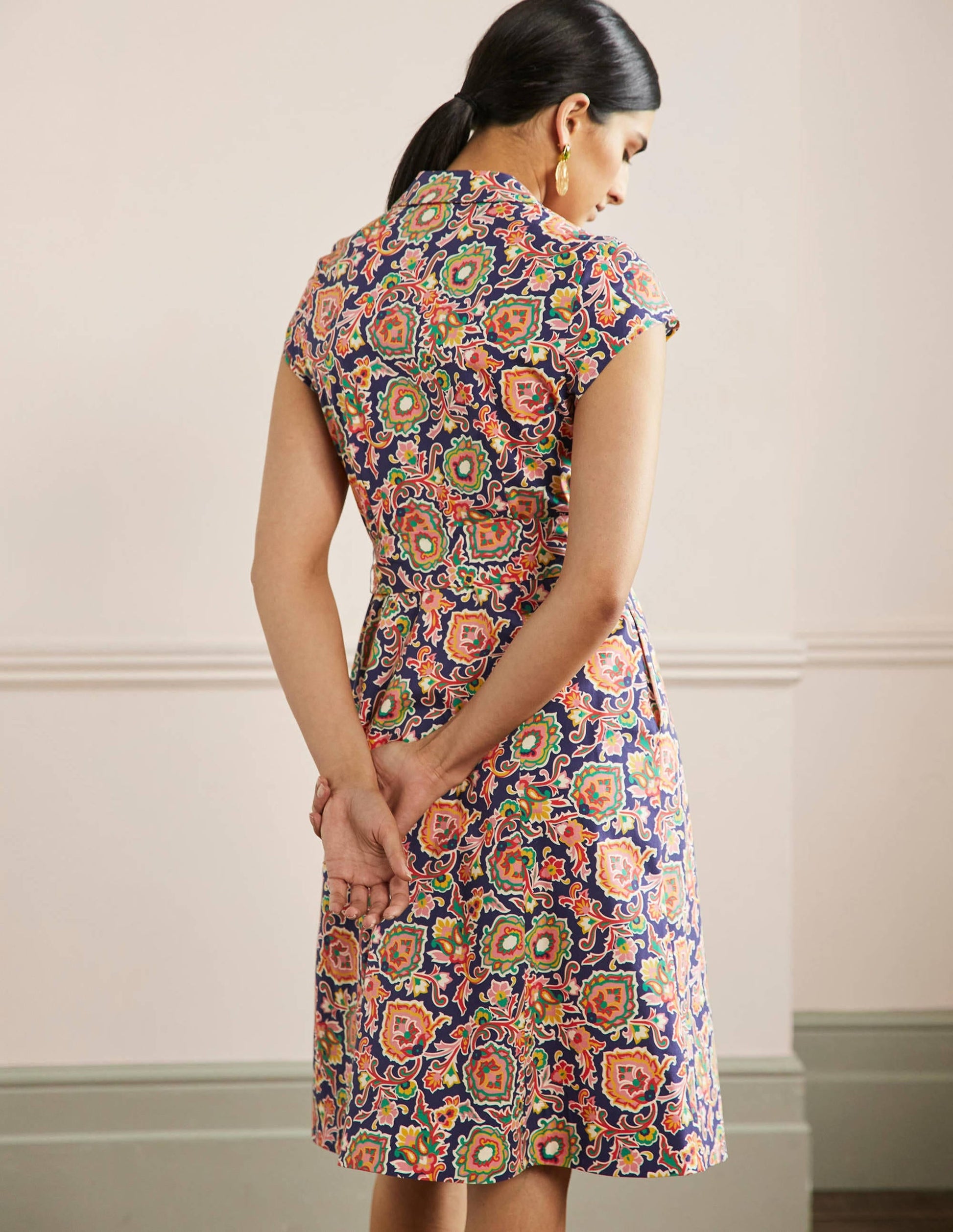 Short Sleeve Shirt Dress-Midnight, Decorative Blooms-3