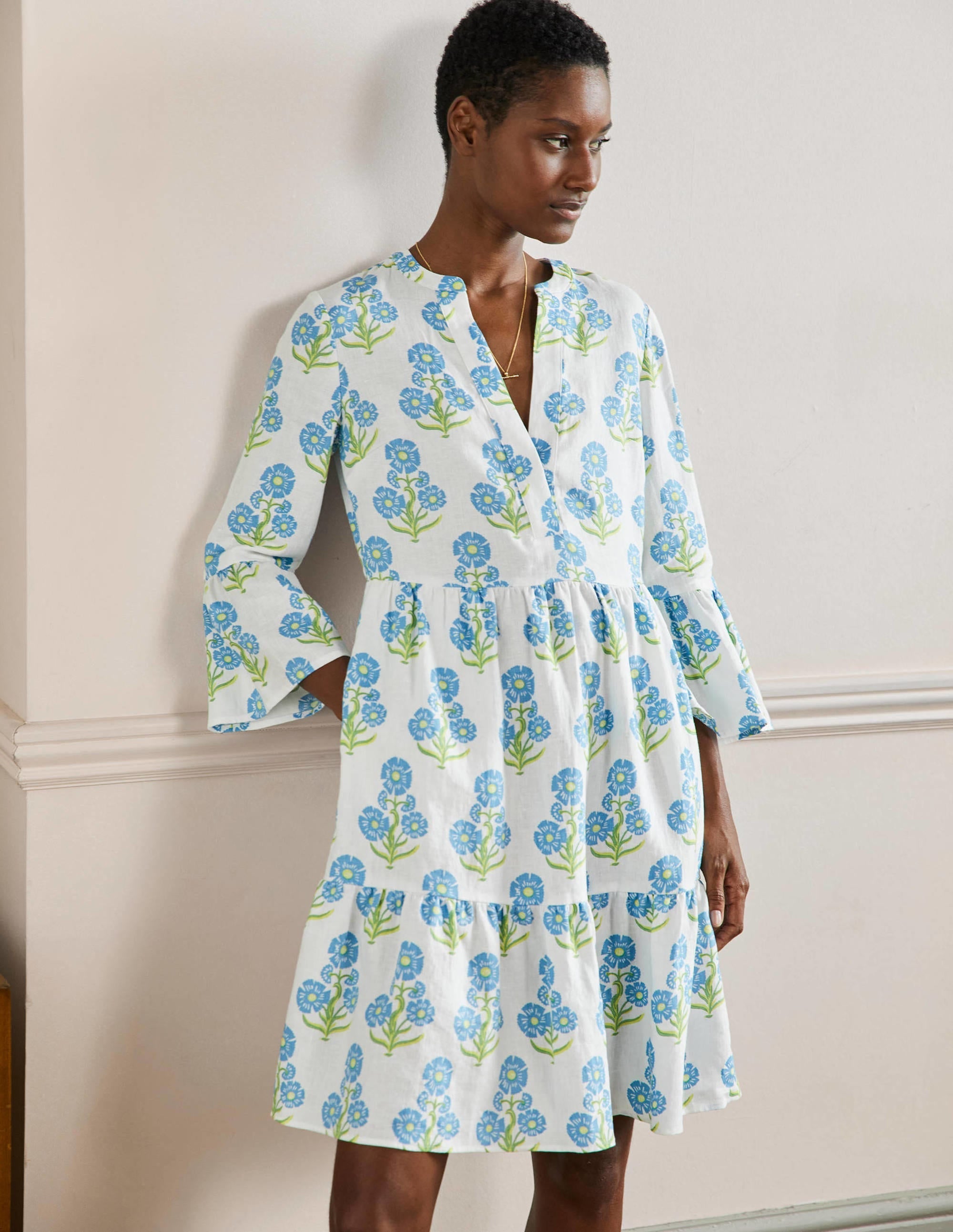 Relaxed Linen Tiered Dress-Molly Mahon Flower Woodblock - Image 1