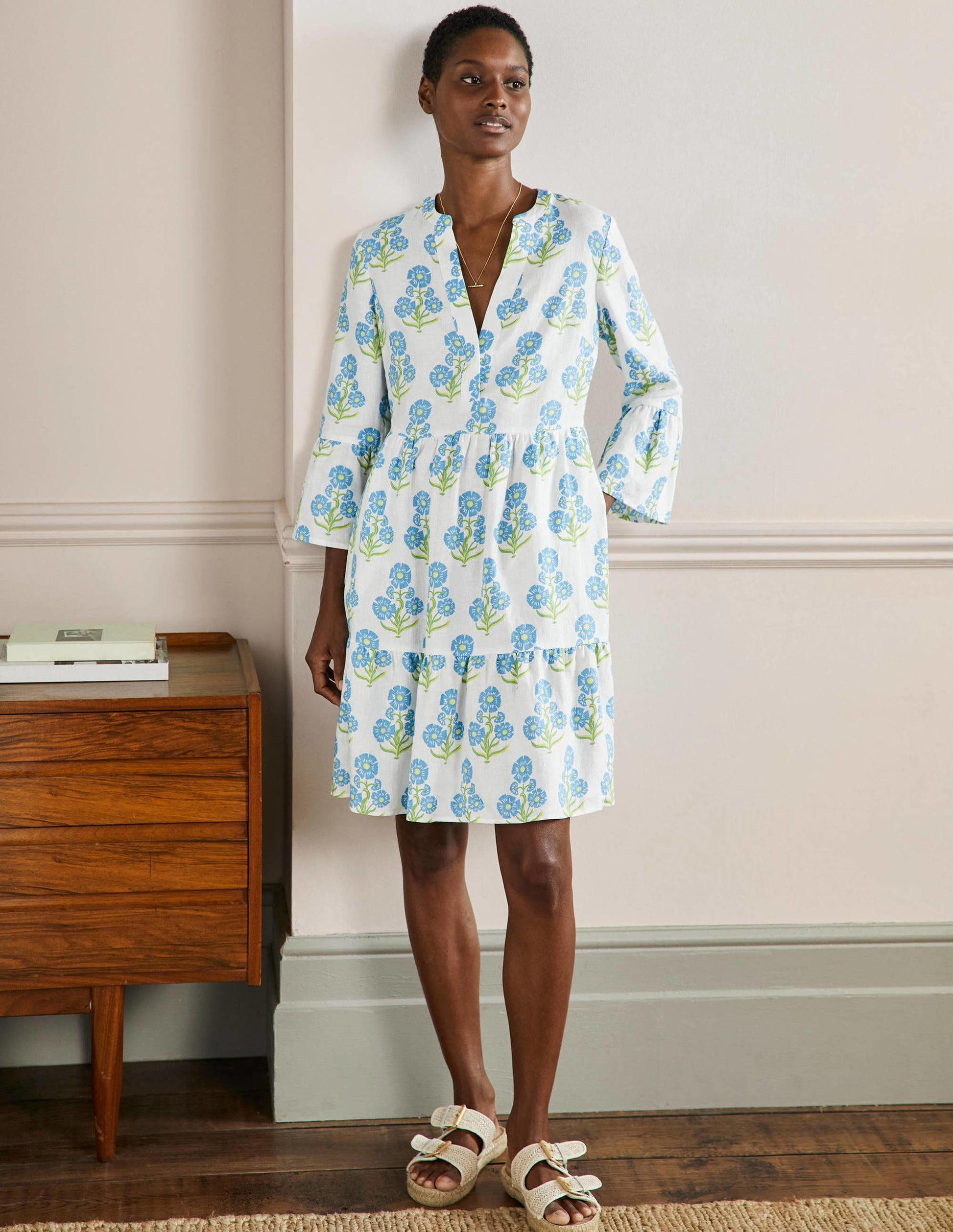 Relaxed Linen Tiered Dress-Molly Mahon Flower Woodblock-4