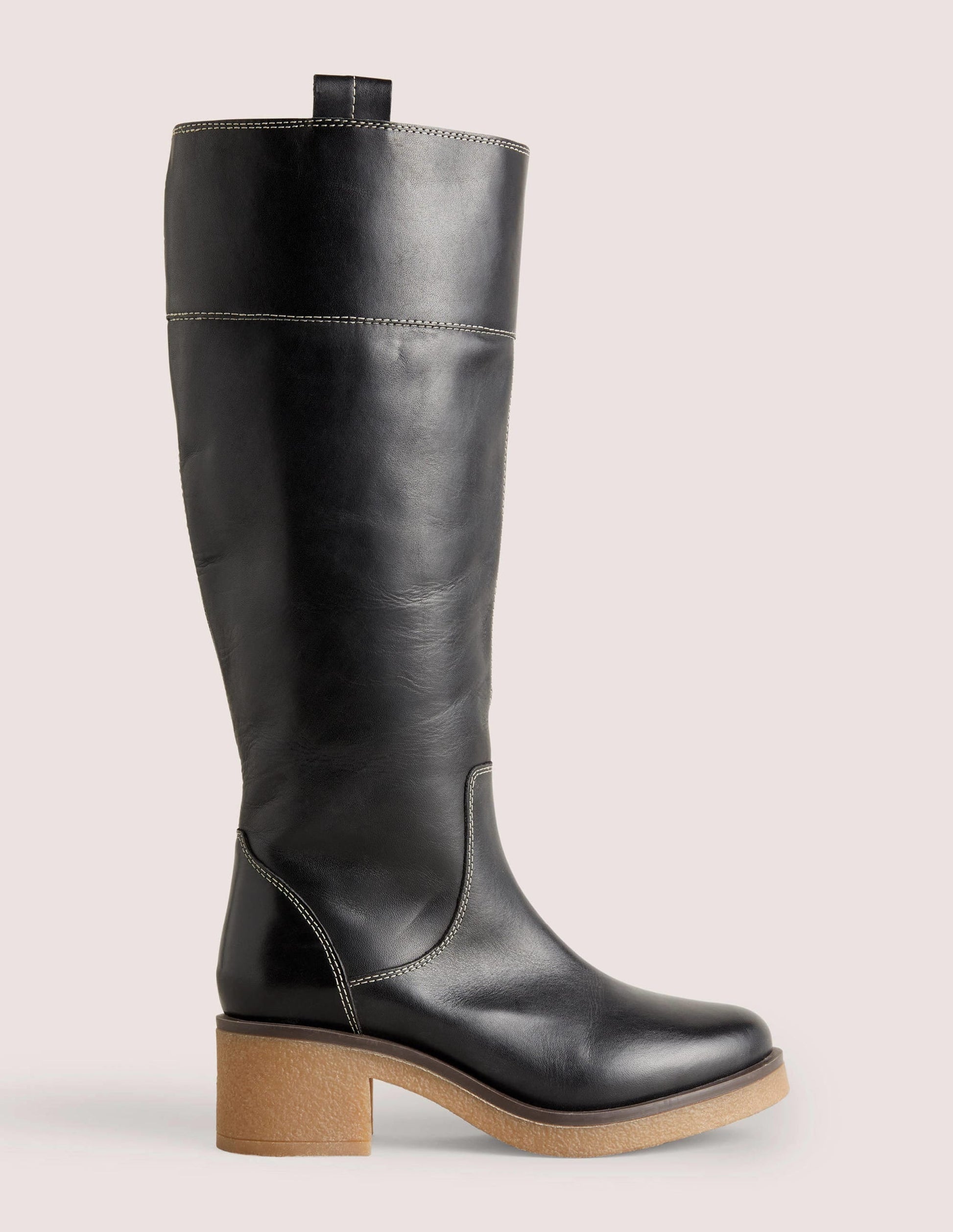 Crepe Sole Knee High Boots-Black Leather-1
