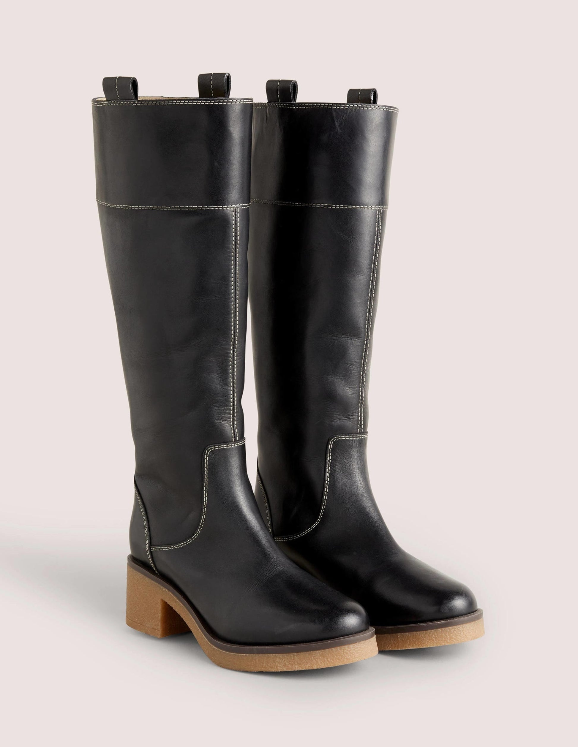 Crepe Sole Knee High Boots-Black Leather-2