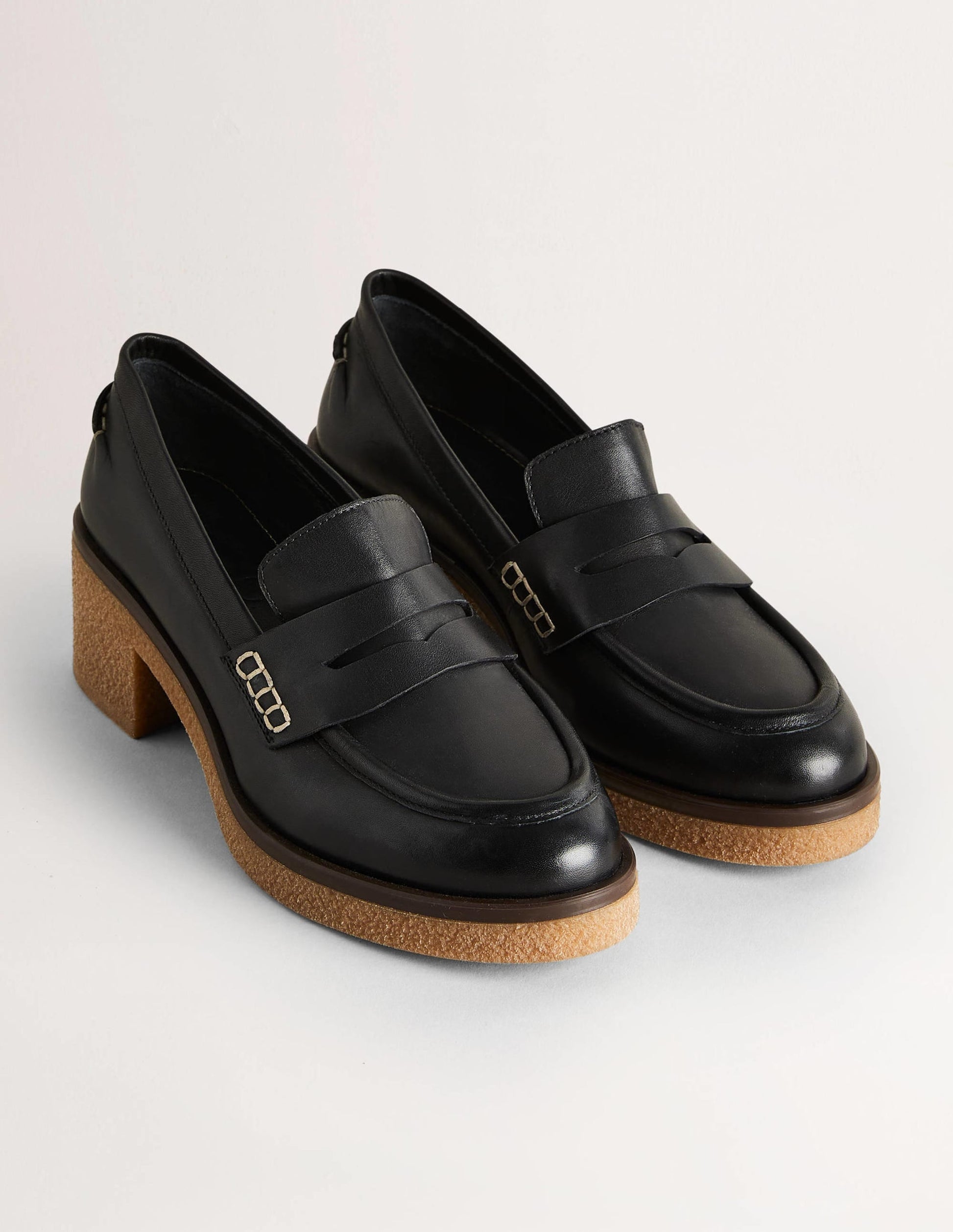 Crepe Sole Heeled Loafers-Black Leather-2