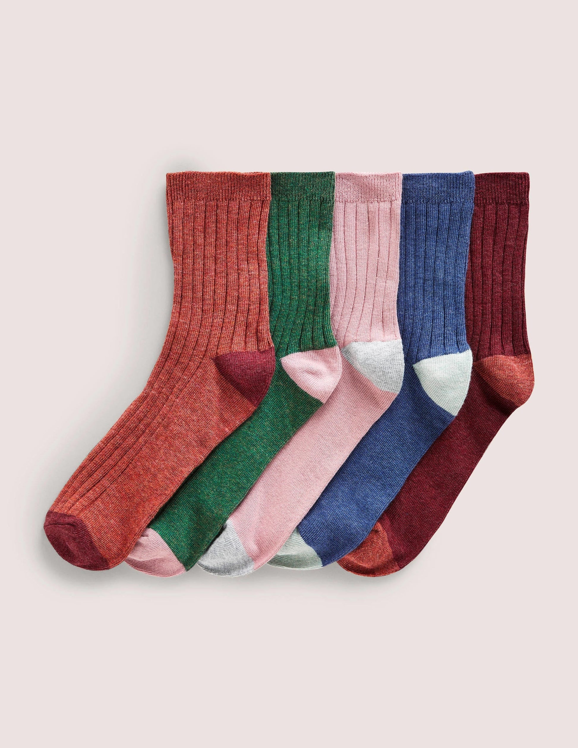 Five Pack Ribbed Ankle Socks-Multi Colourblock-1
