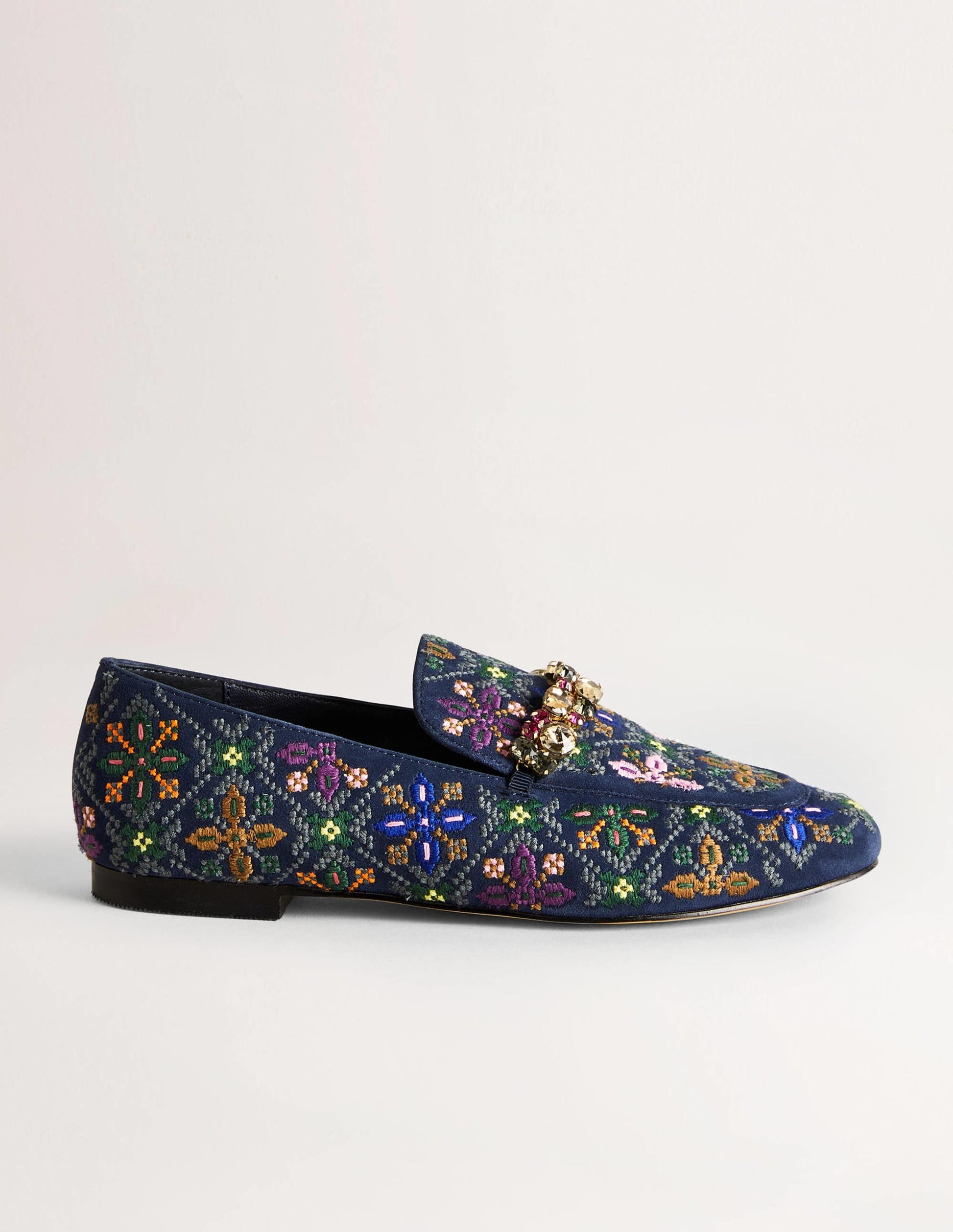Embellished Trim Loafers-Navy Embroidered-1