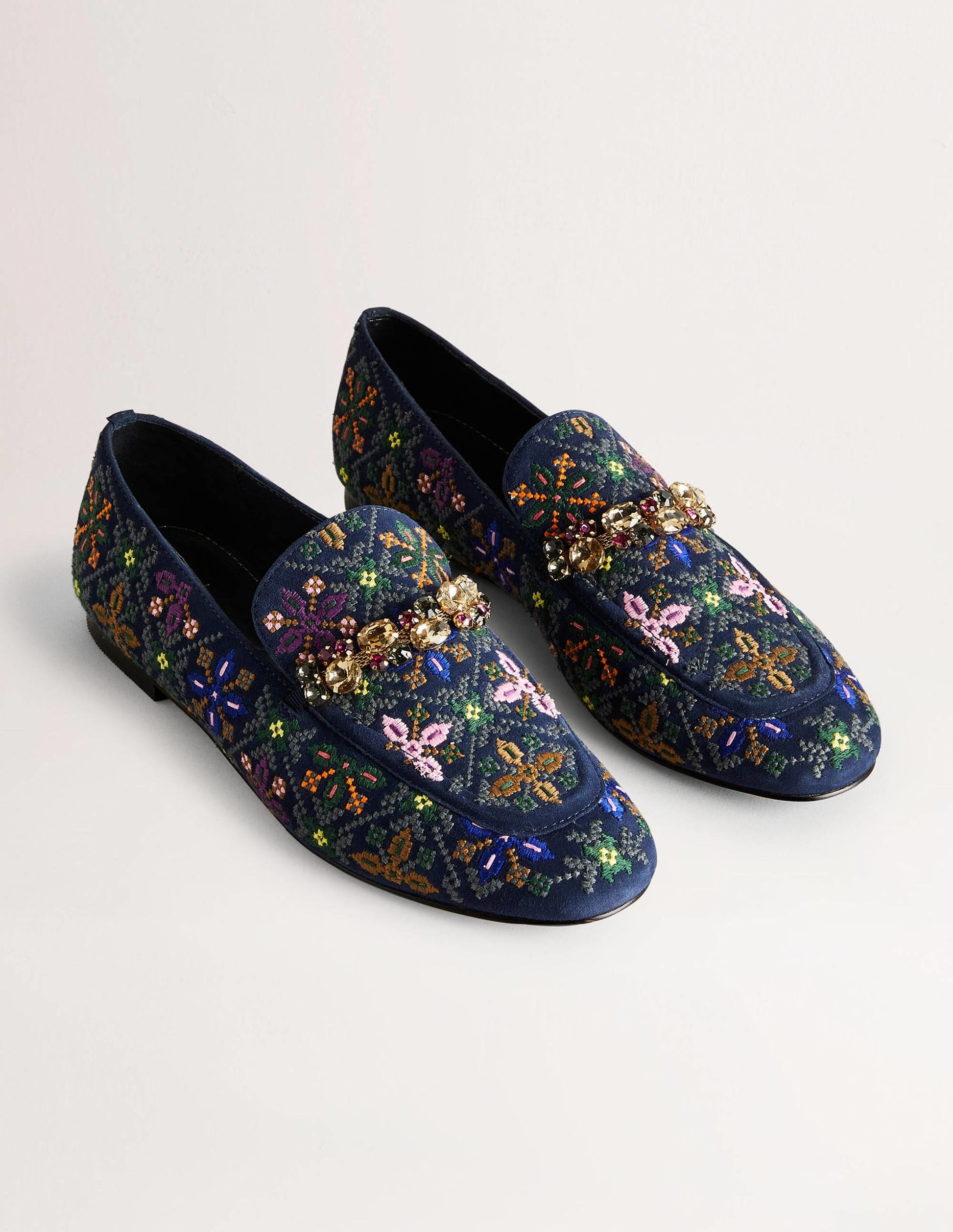 Embellished Trim Loafers-Navy Embroidered-2