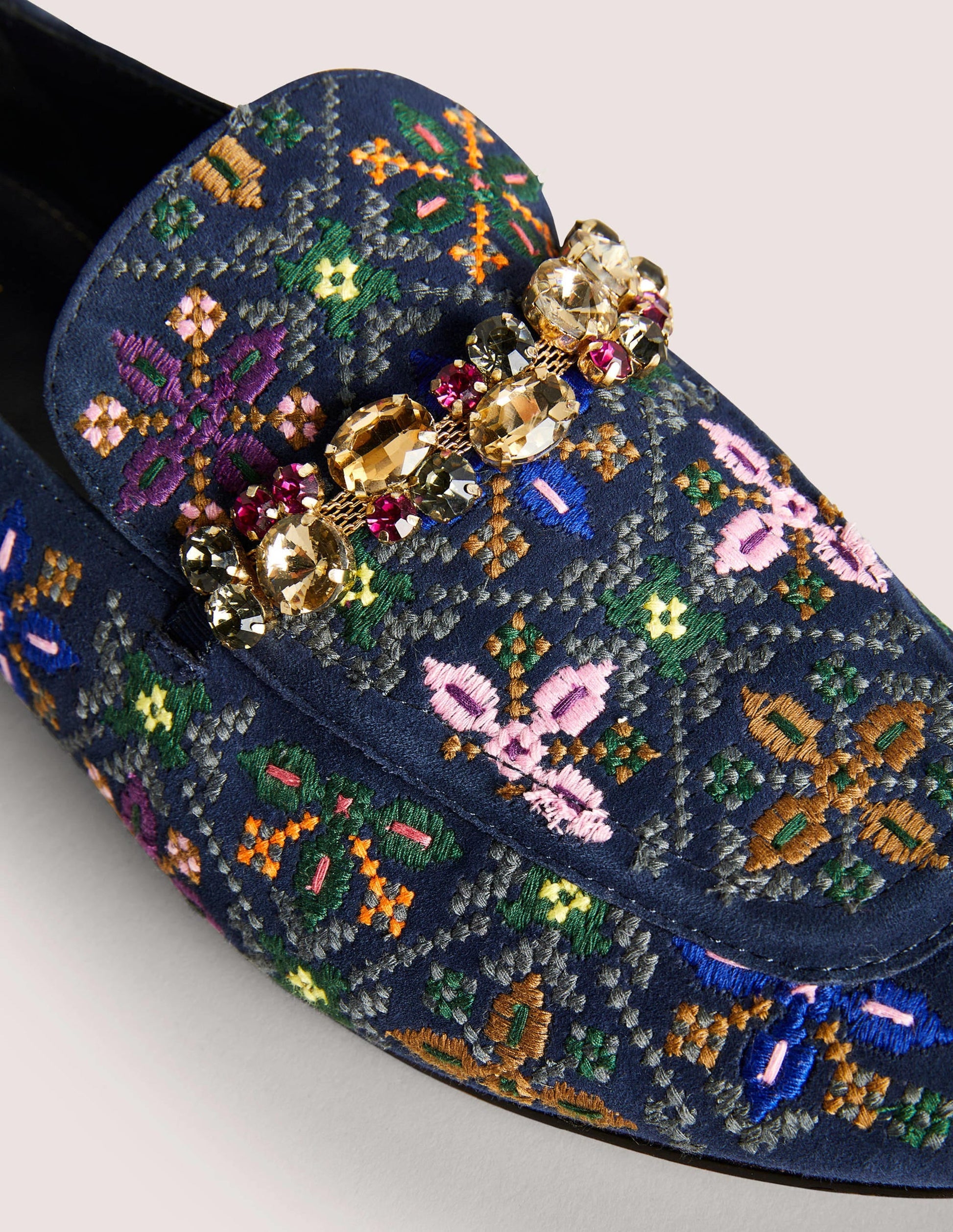 Embellished Trim Loafers-Navy Embroidered-3
