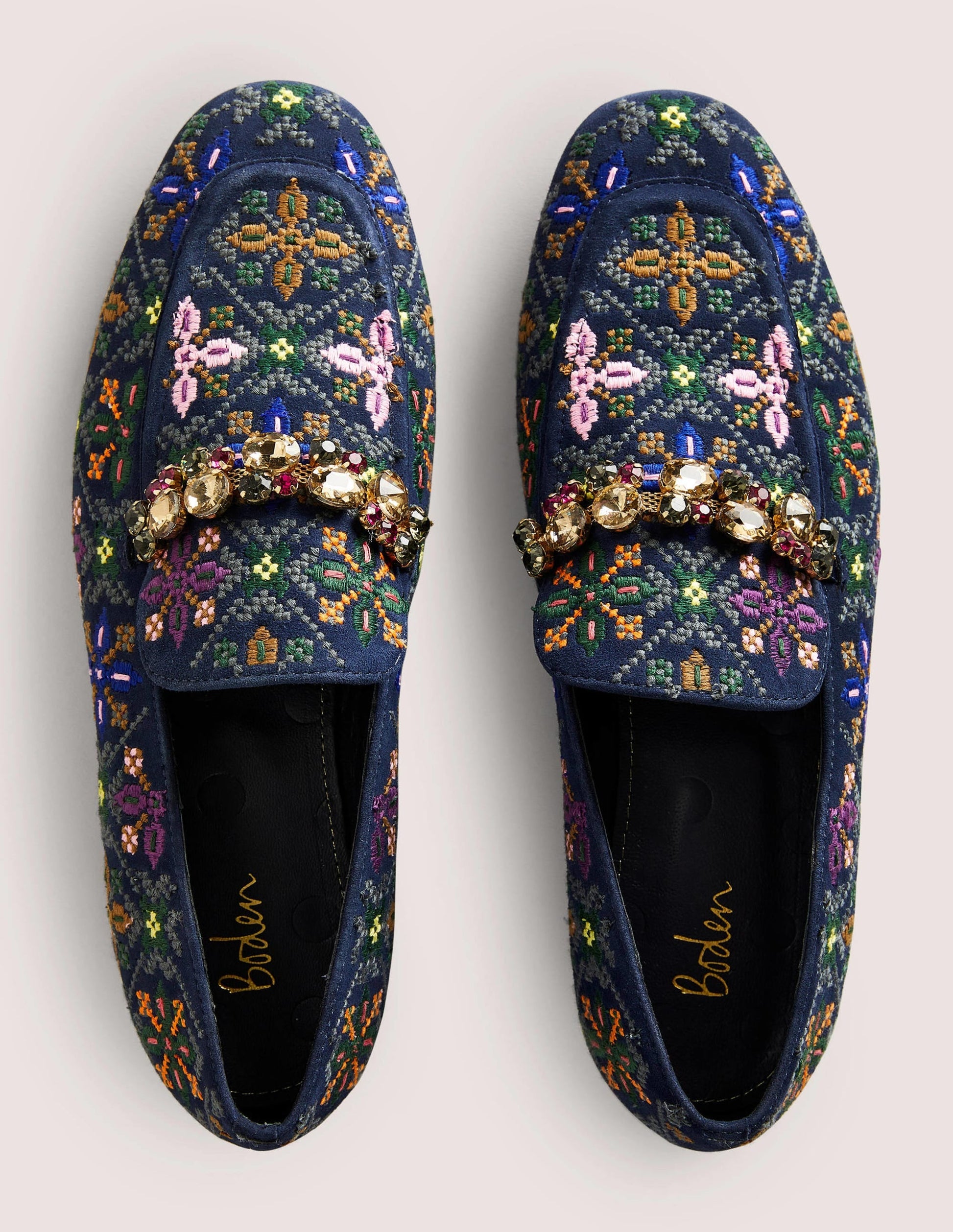 Embellished Trim Loafers-Navy Embroidered-4