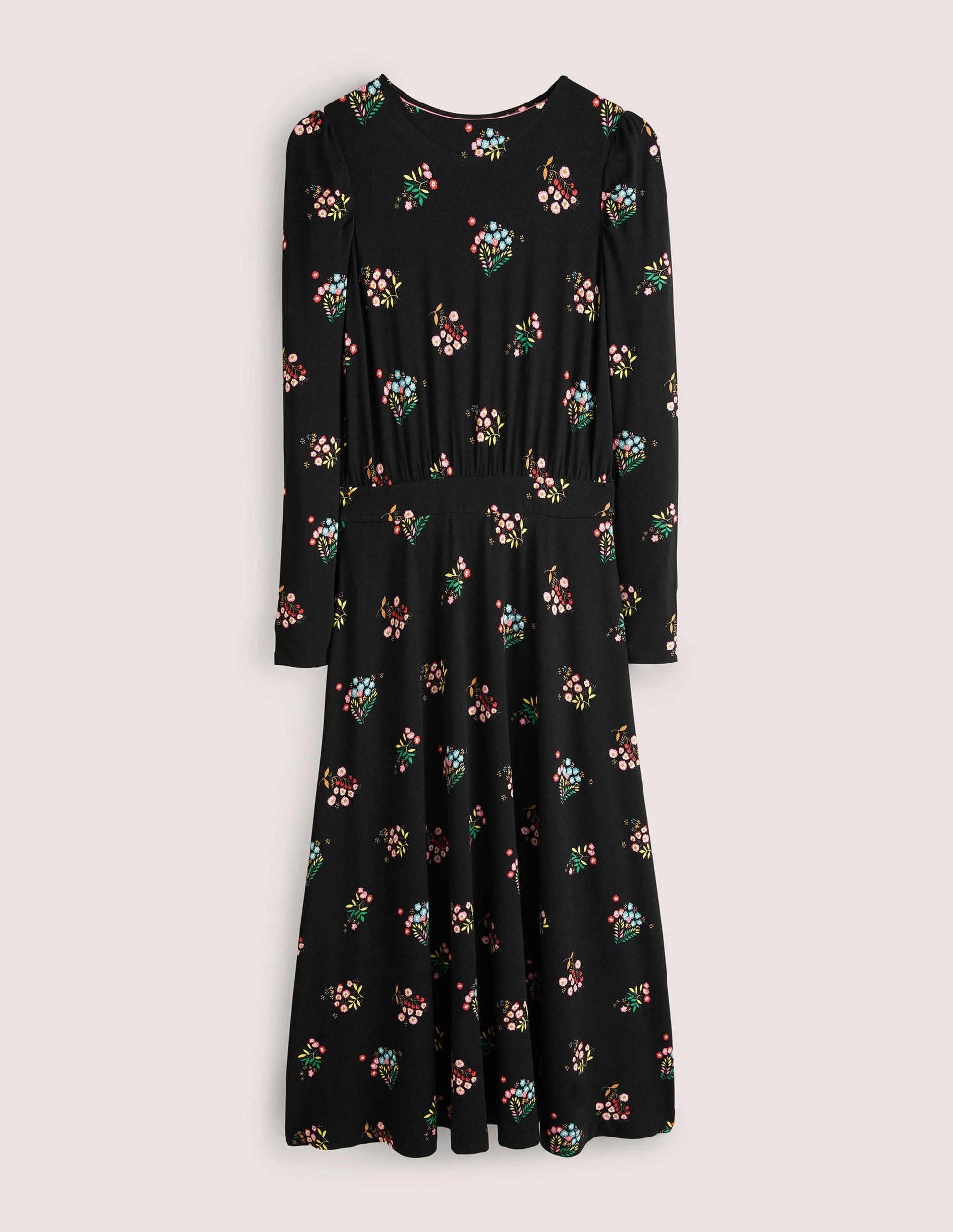 Puff Sleeve Jersey Midi Dress-Black, Delicate Sprig-5