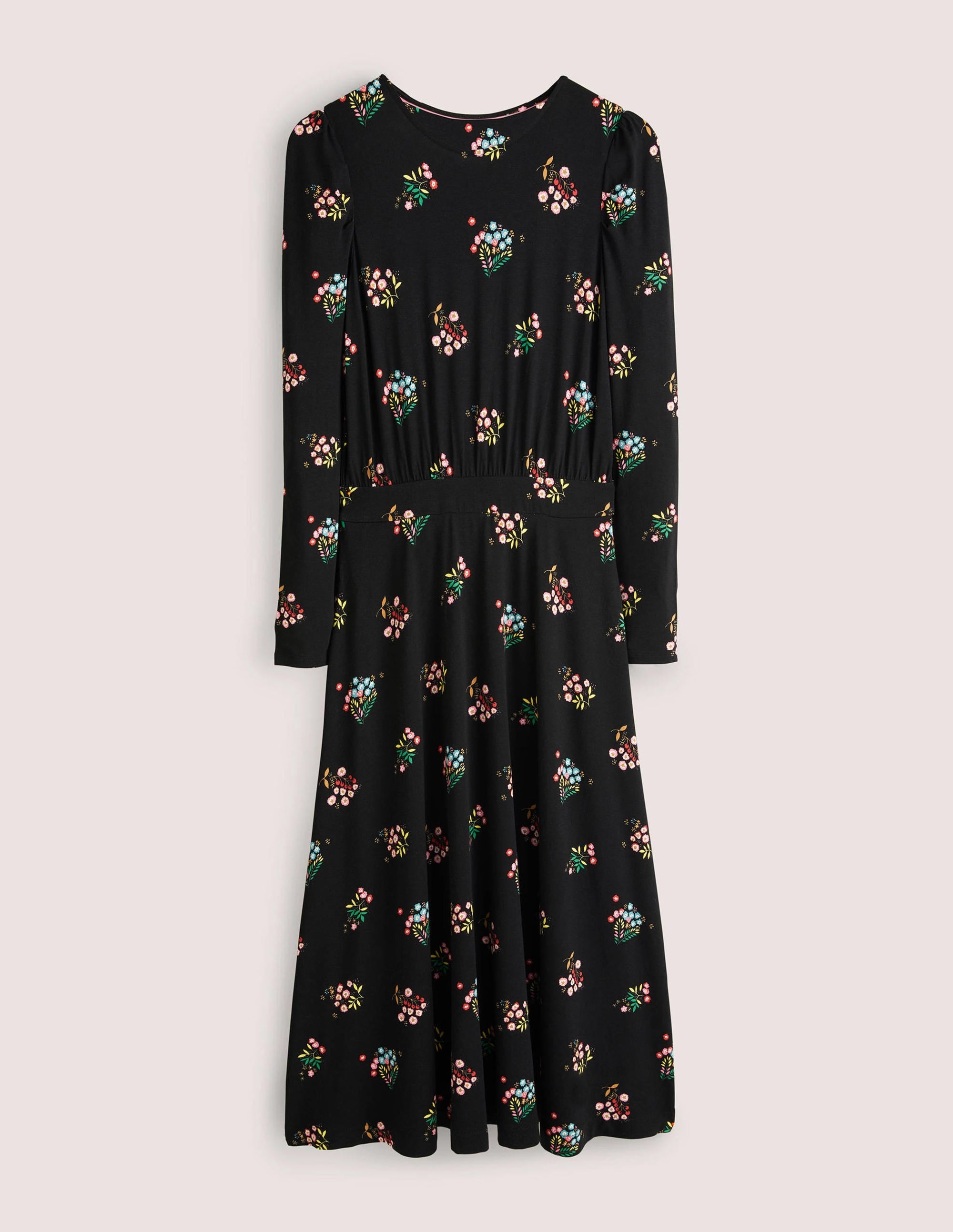 Puff Sleeve Jersey Midi Dress-Black, Delicate Sprig - Image 5