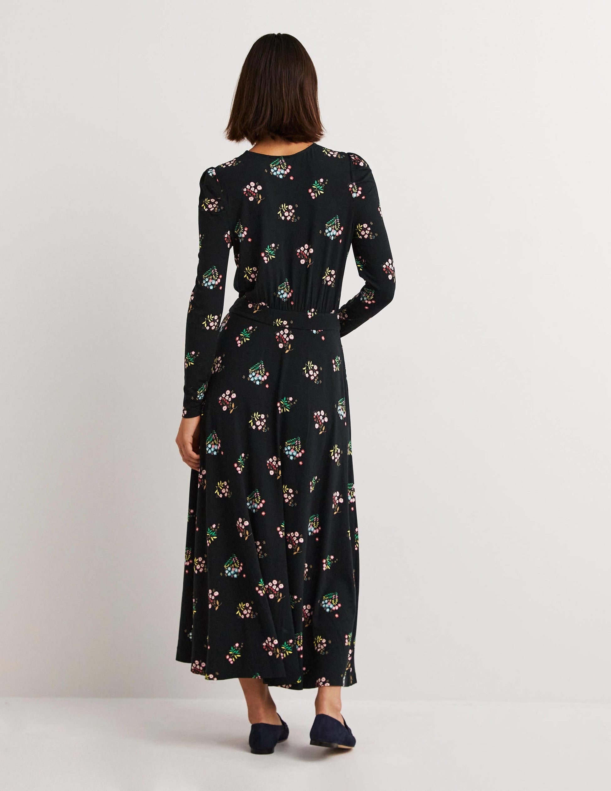 Puff Sleeve Jersey Midi Dress-Black, Delicate Sprig-3
