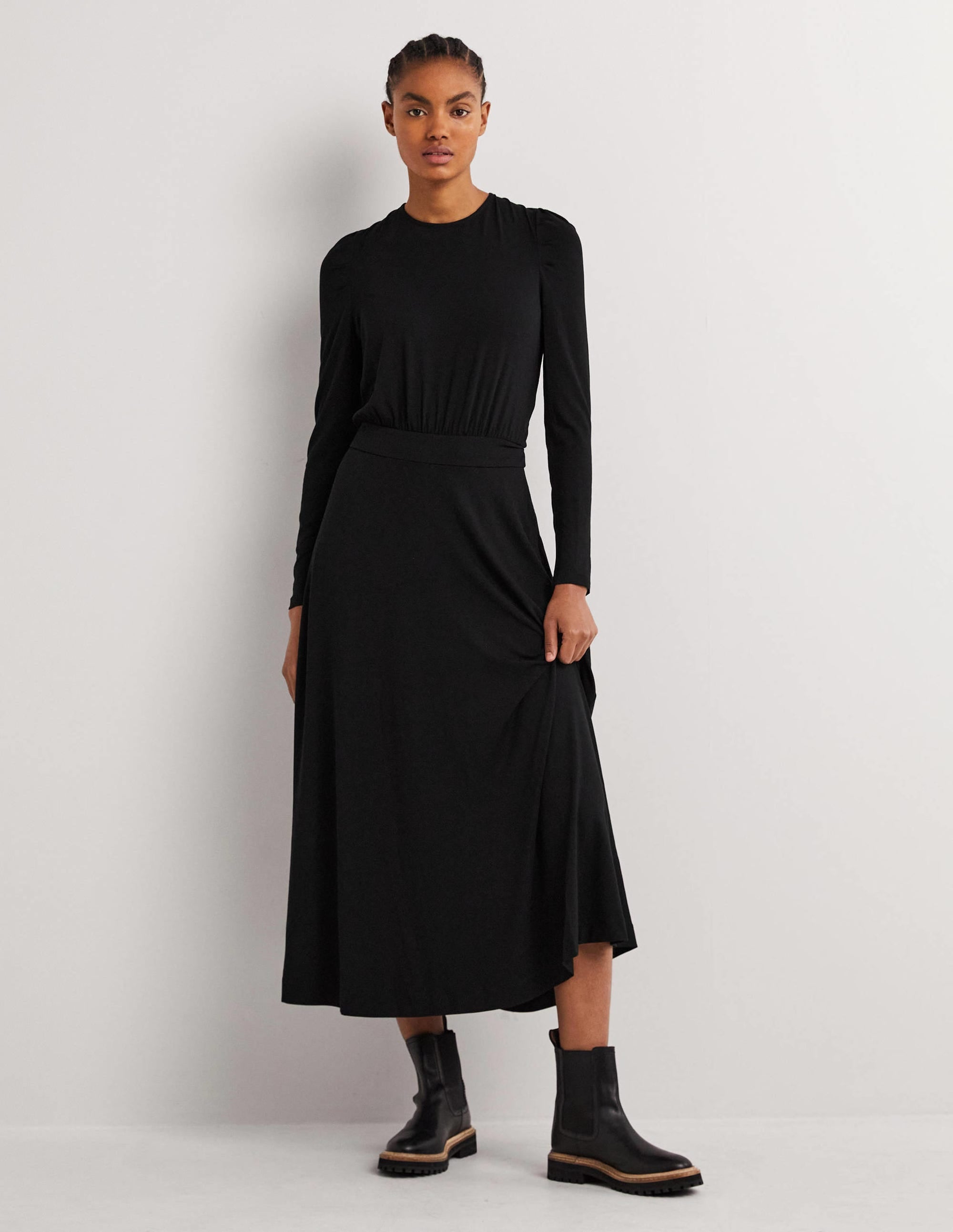 Puff Sleeve Jersey Midi Dress-Black - Image 1