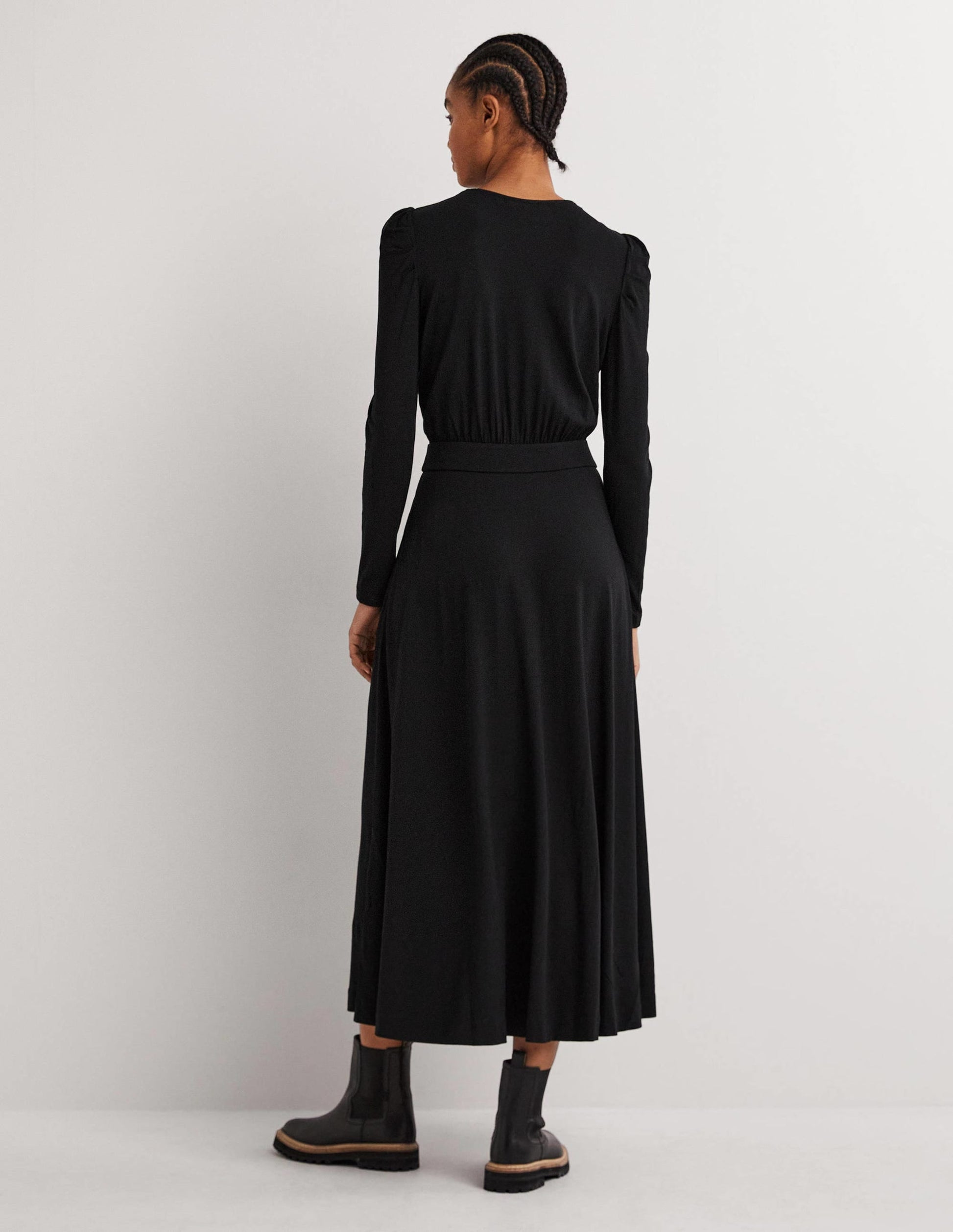 Puff Sleeve Jersey Midi Dress-Black-3