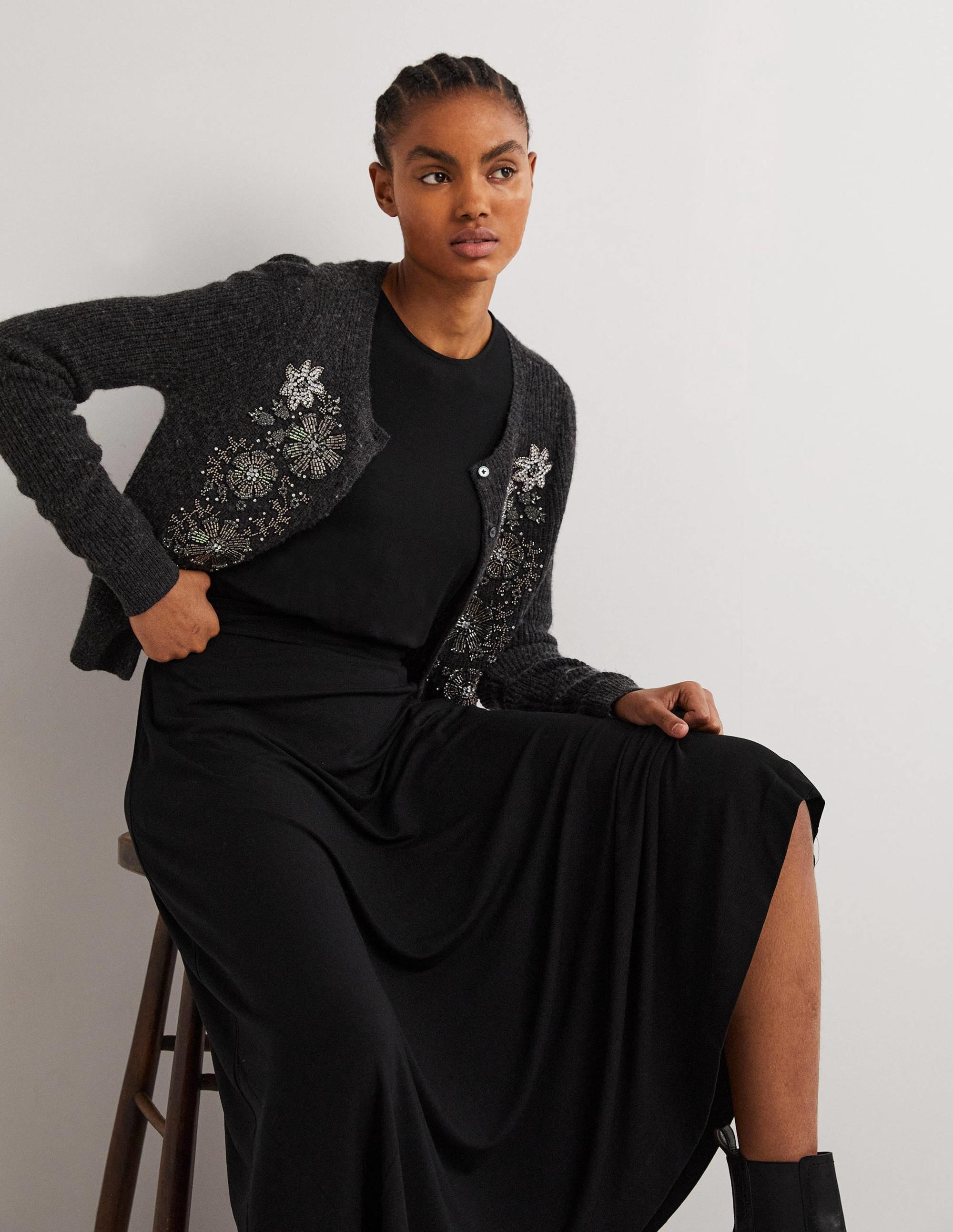 Puff Sleeve Jersey Midi Dress-Black - Image 4