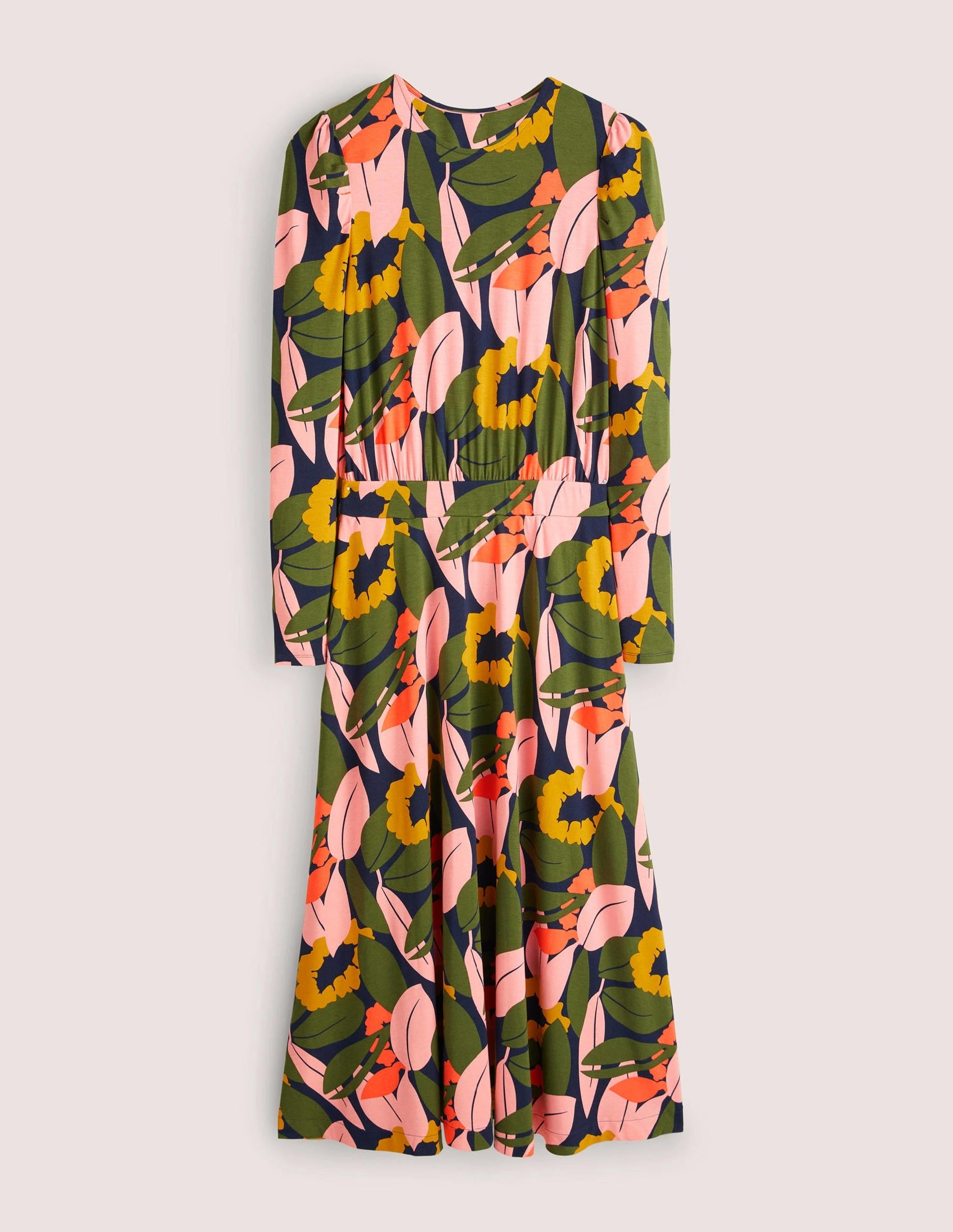 Puff Sleeve Jersey Midi Dress-French Navy, Abstract Bloom-6