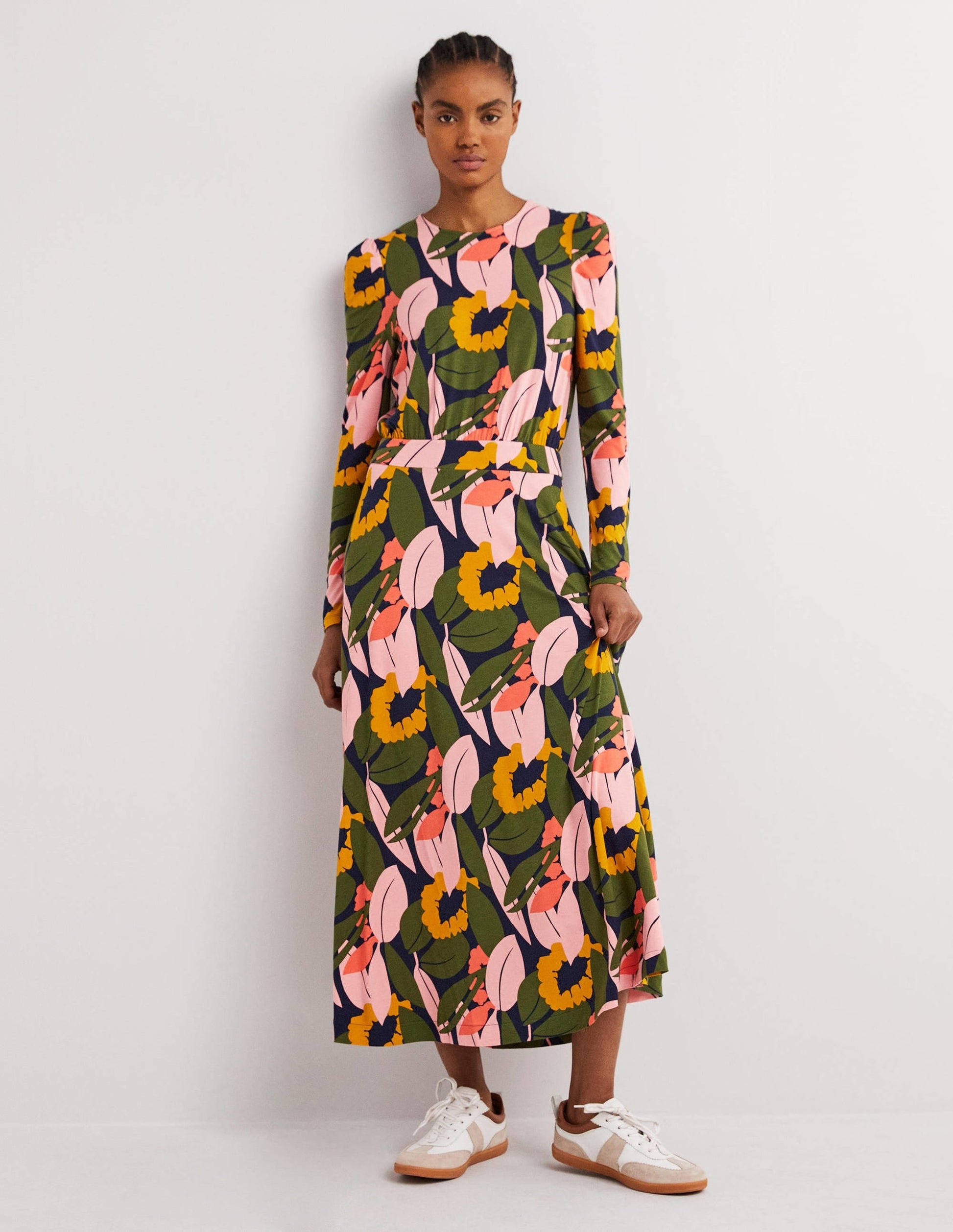 Puff Sleeve Jersey Midi Dress-French Navy, Abstract Bloom-1