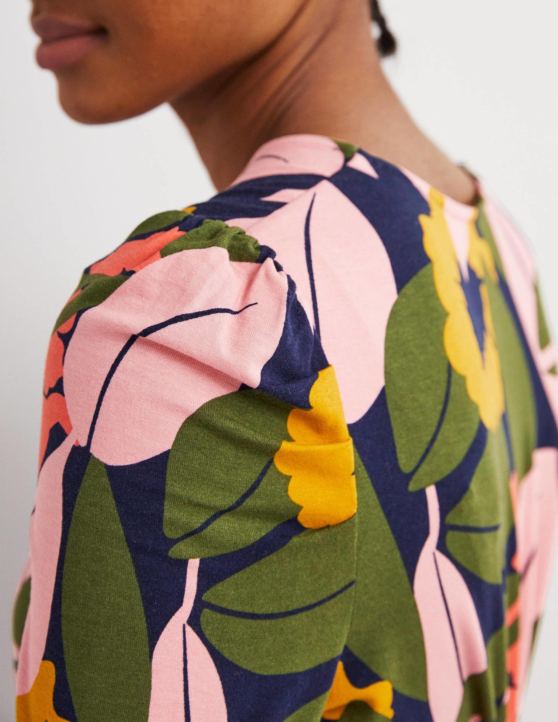 Puff Sleeve Jersey Midi Dress-French Navy, Abstract Bloom-2