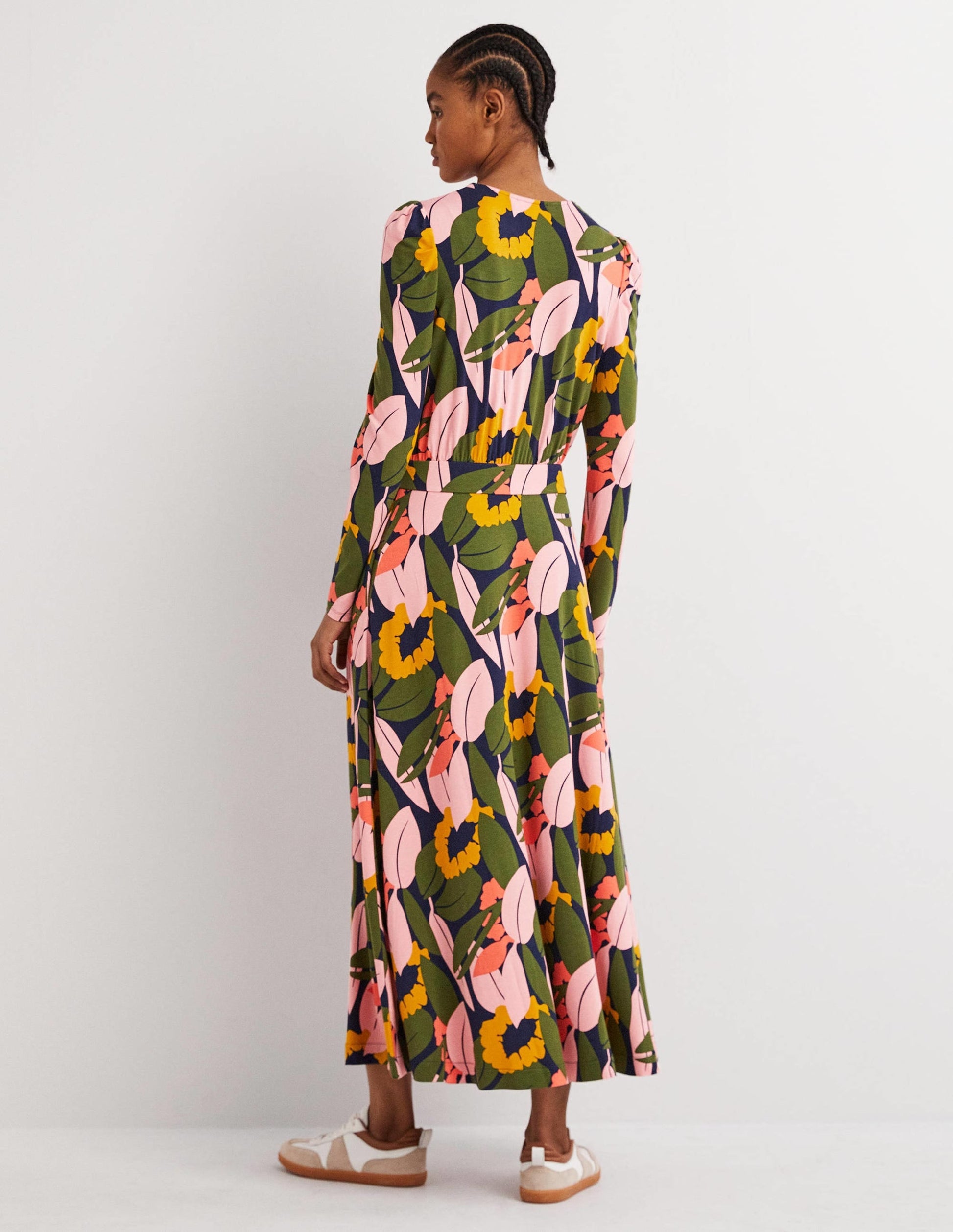 Puff Sleeve Jersey Midi Dress-French Navy, Abstract Bloom-3