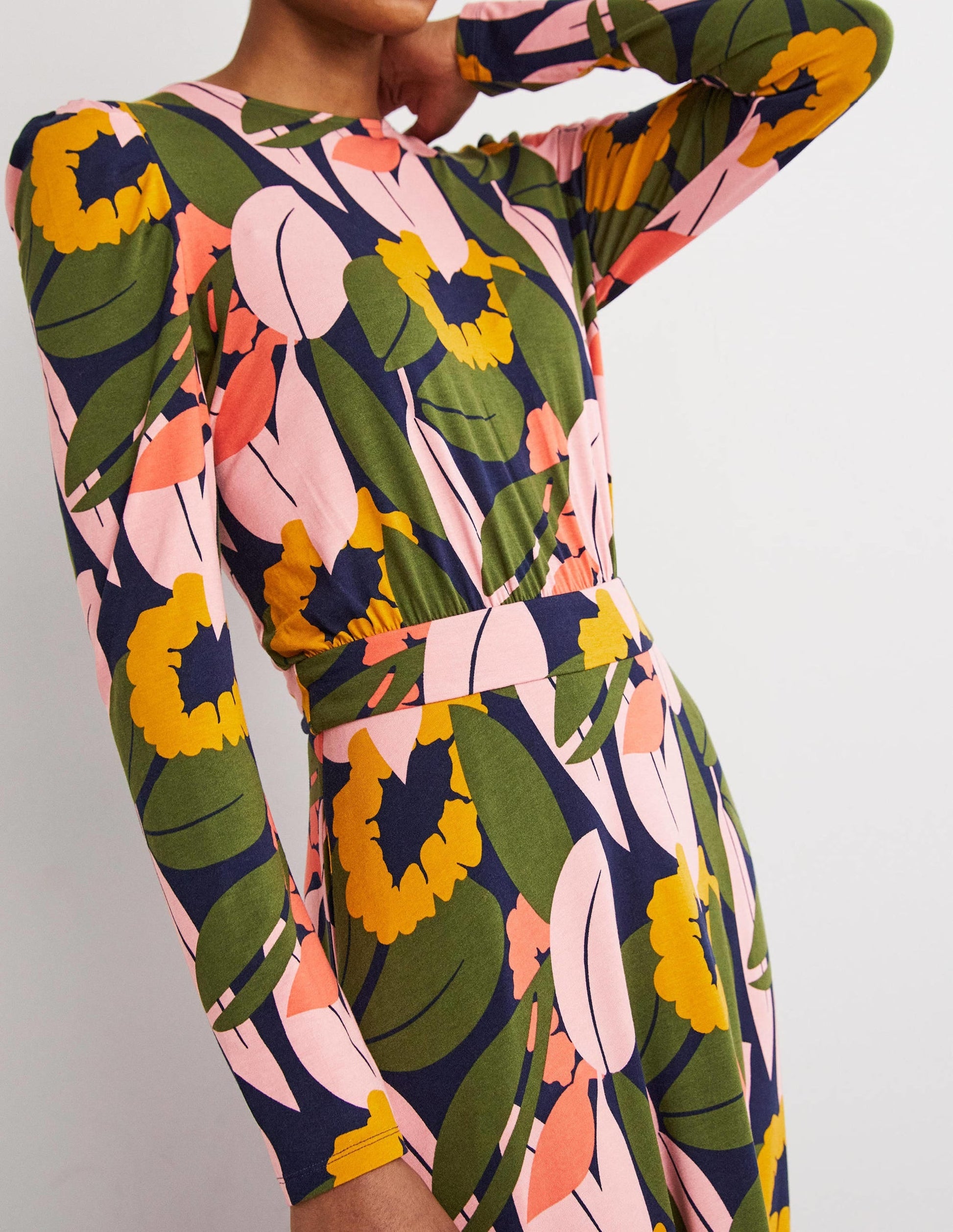 Puff Sleeve Jersey Midi Dress-French Navy, Abstract Bloom-4