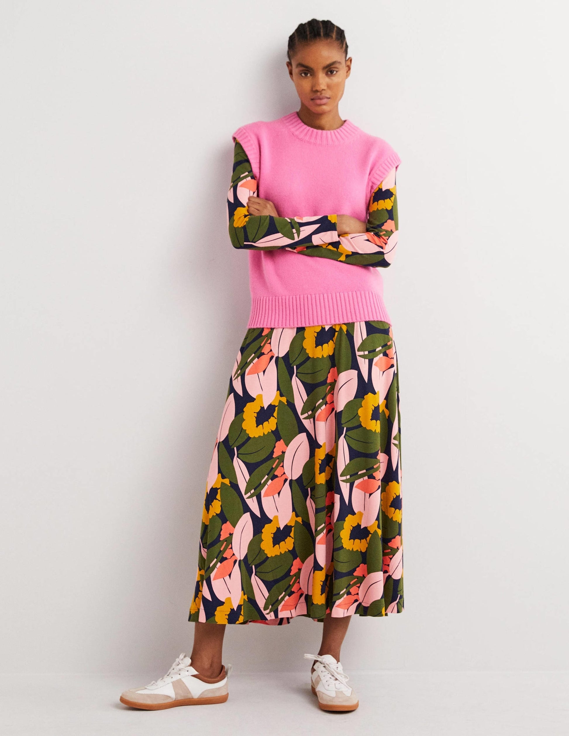 Puff Sleeve Jersey Midi Dress-French Navy, Abstract Bloom-5