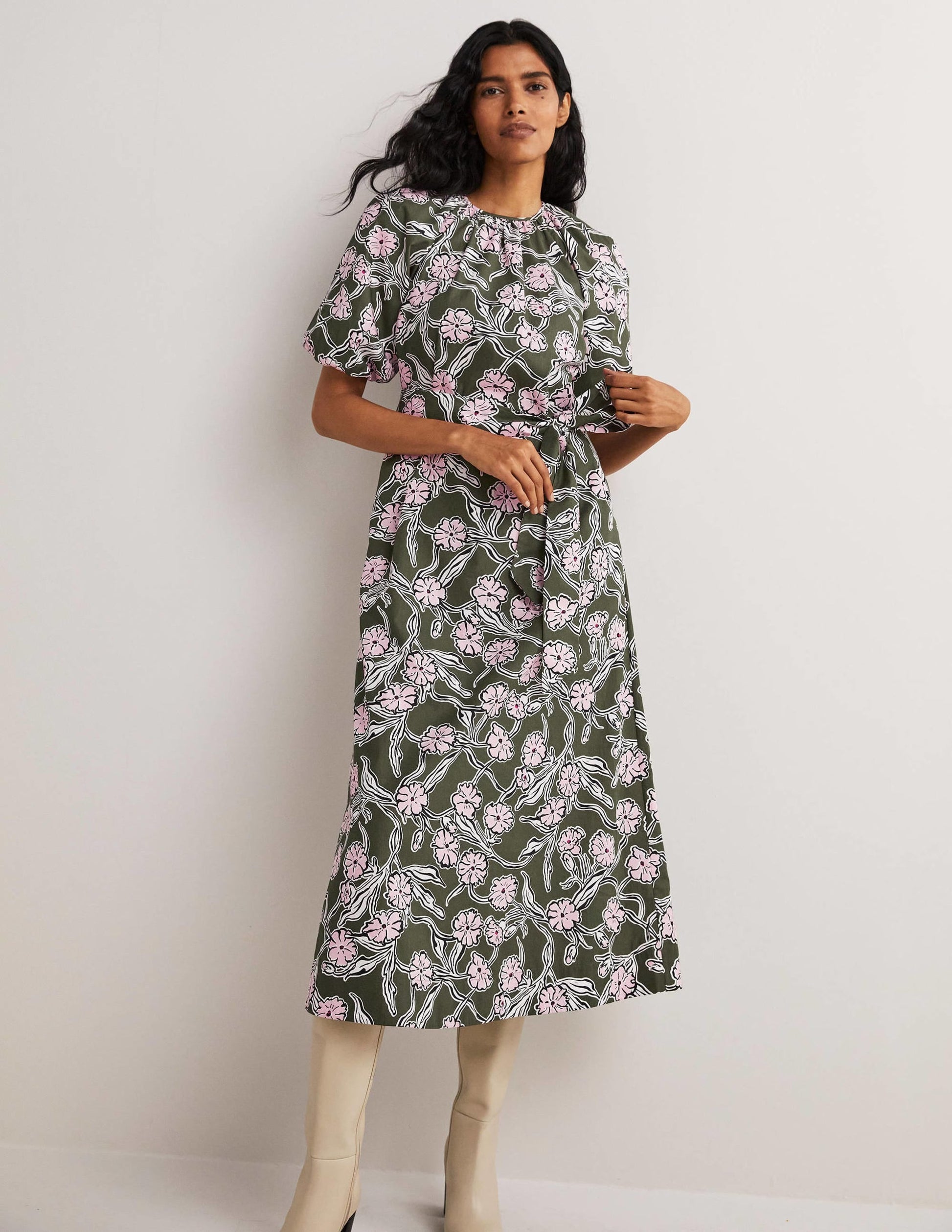 Puff Sleeve Column Midi Dress-Basil, Petal Vine-1