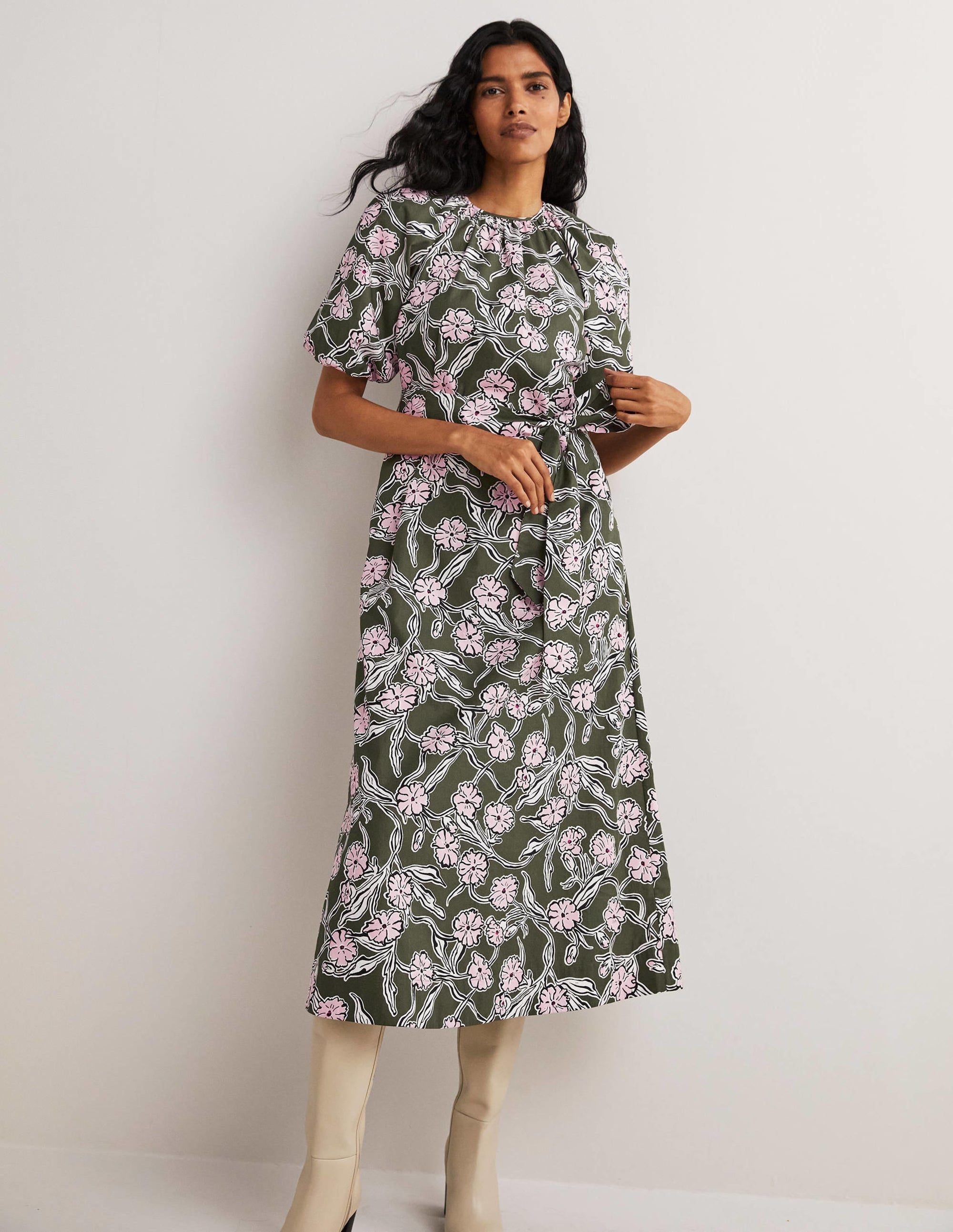 Puff Sleeve Column Midi Dress-Basil, Petal Vine - Image 1