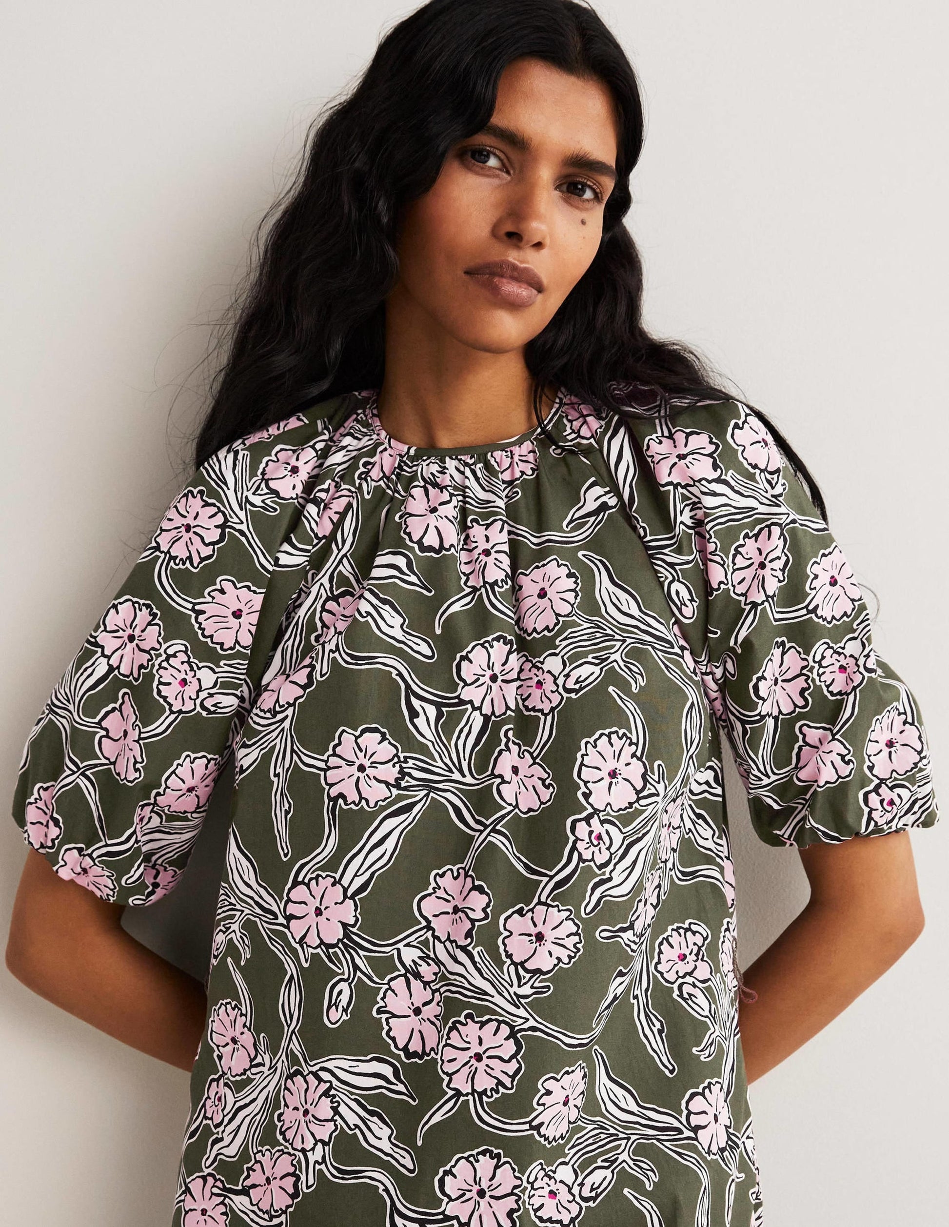 Puff Sleeve Column Midi Dress-Basil, Petal Vine-2