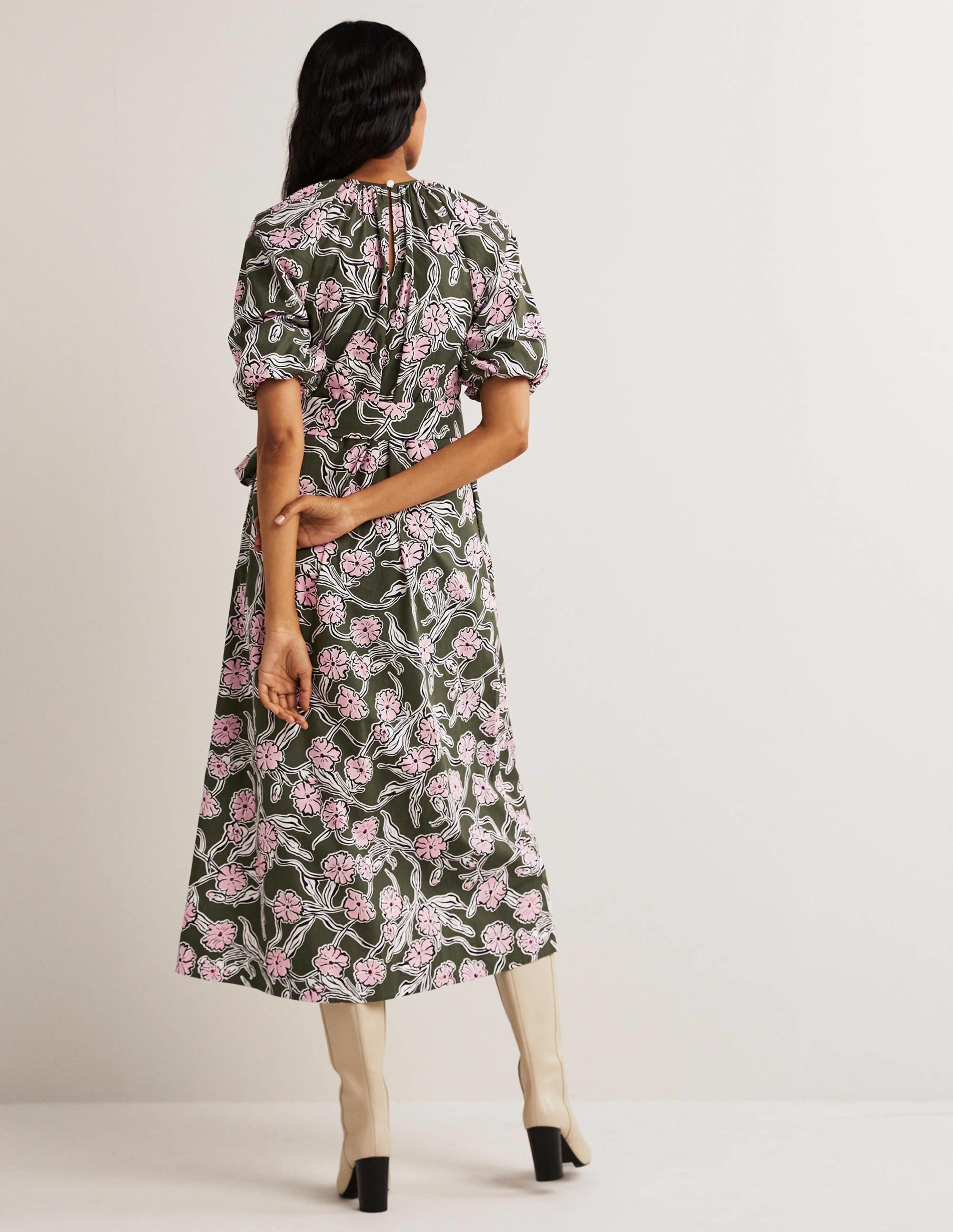 Puff Sleeve Column Midi Dress-Basil, Petal Vine - Image 3